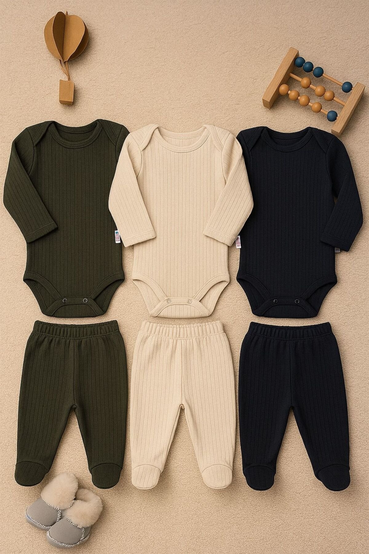 Organik Pamuklu Zıbın Body ve Patikli Alt 6 Parça 3’lü Set Bebek Takımı 0-9 Ay