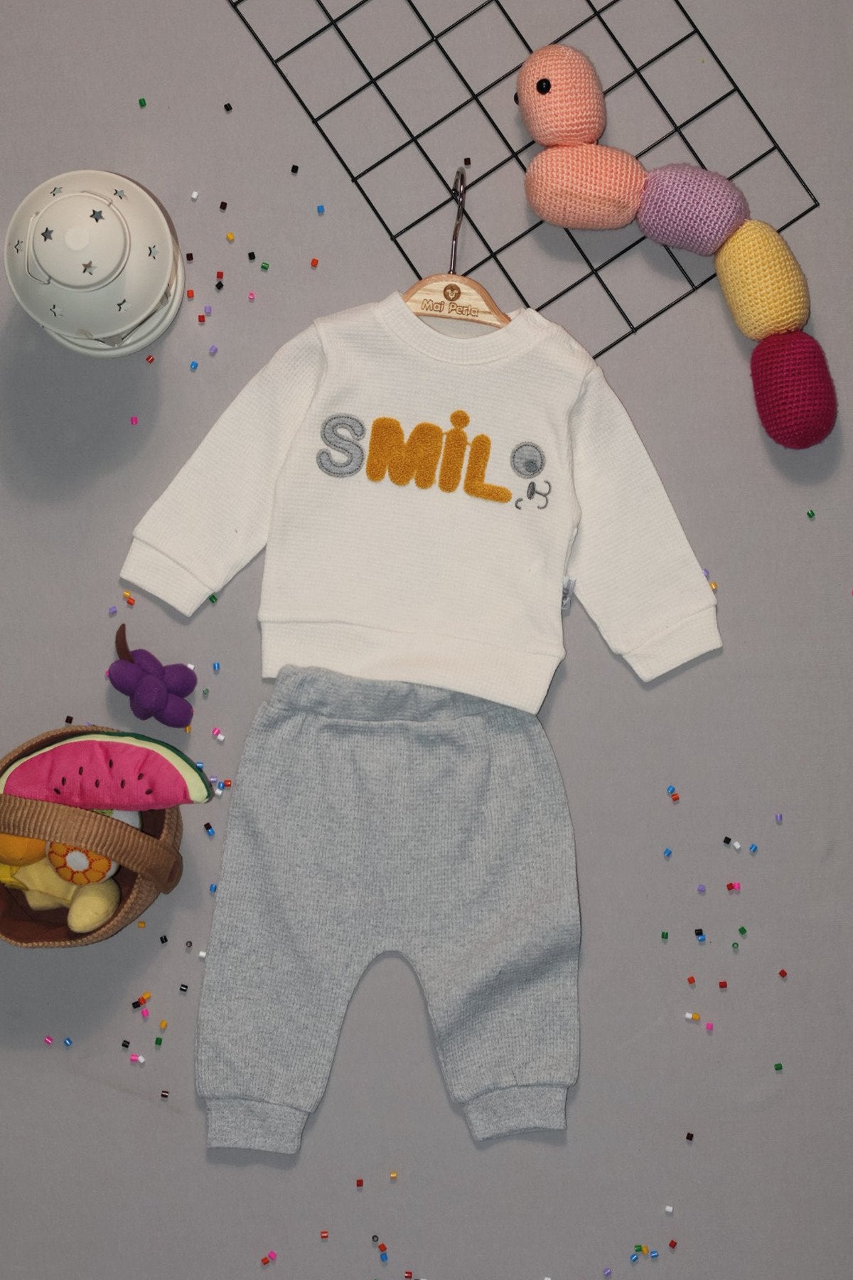 Smile Nakışlı Organik Waffle Kumaş 2'li Bebek Takım
