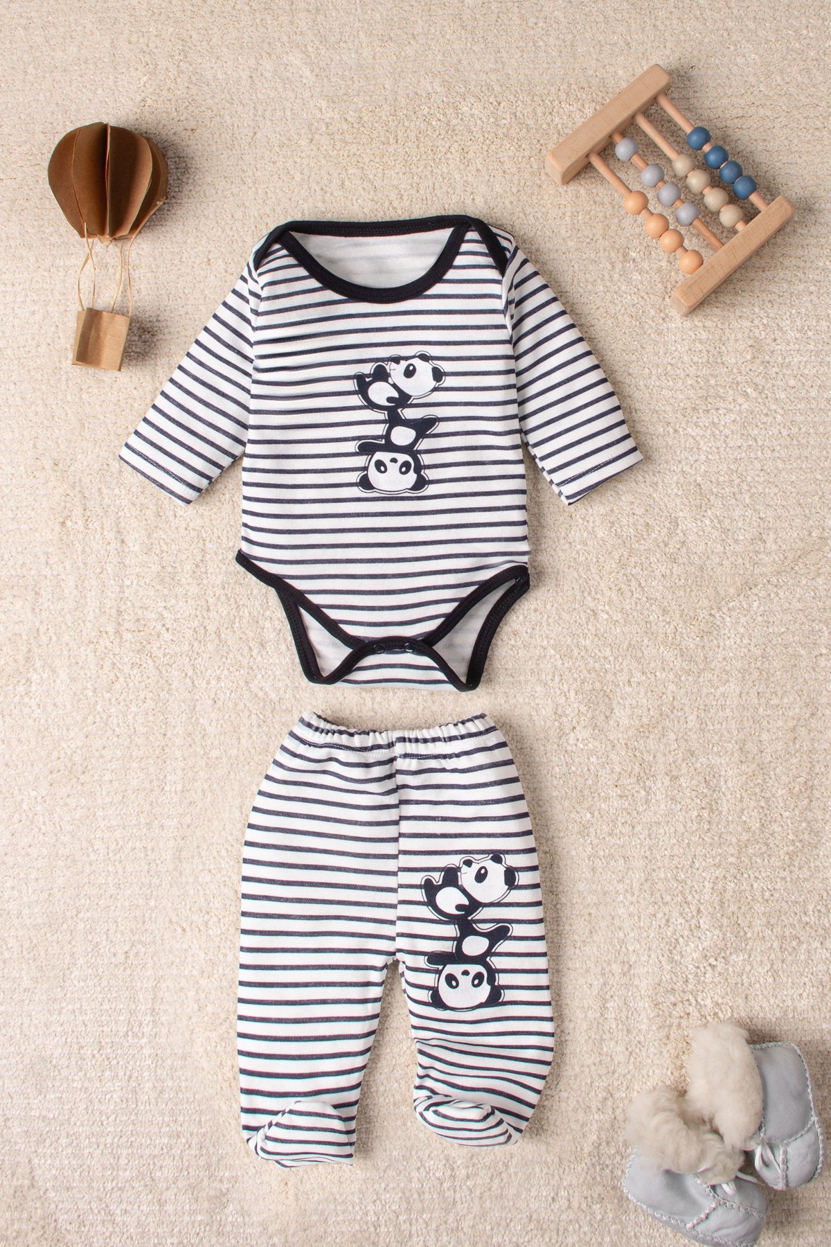 Erkek Renkli Panda Desenli 3 Set 6 Parça Çıtçıtlı Bebek Takım