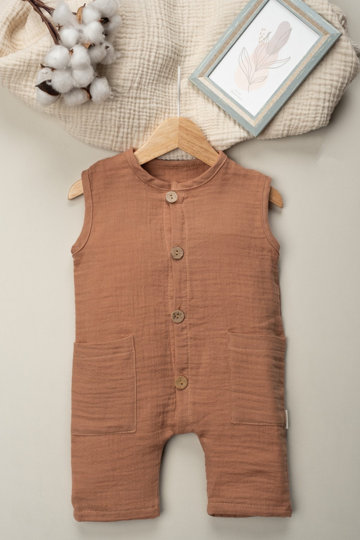 Organik Müslin Yazlık Naturel Cepli Bebek Tulum