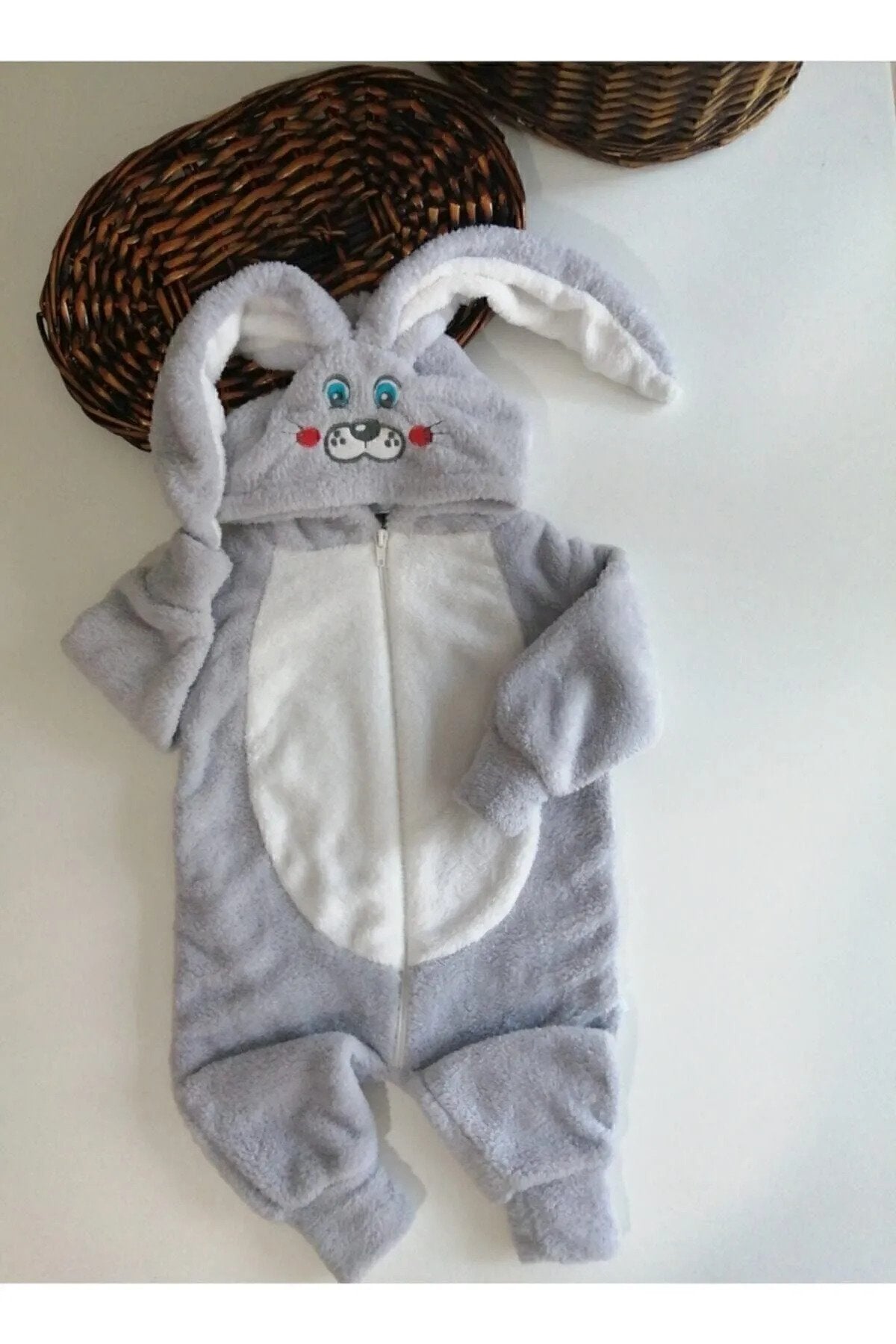 Welsoft Kapşonlu Fermuarlı Tavşan Desenli Bebek Tulum
