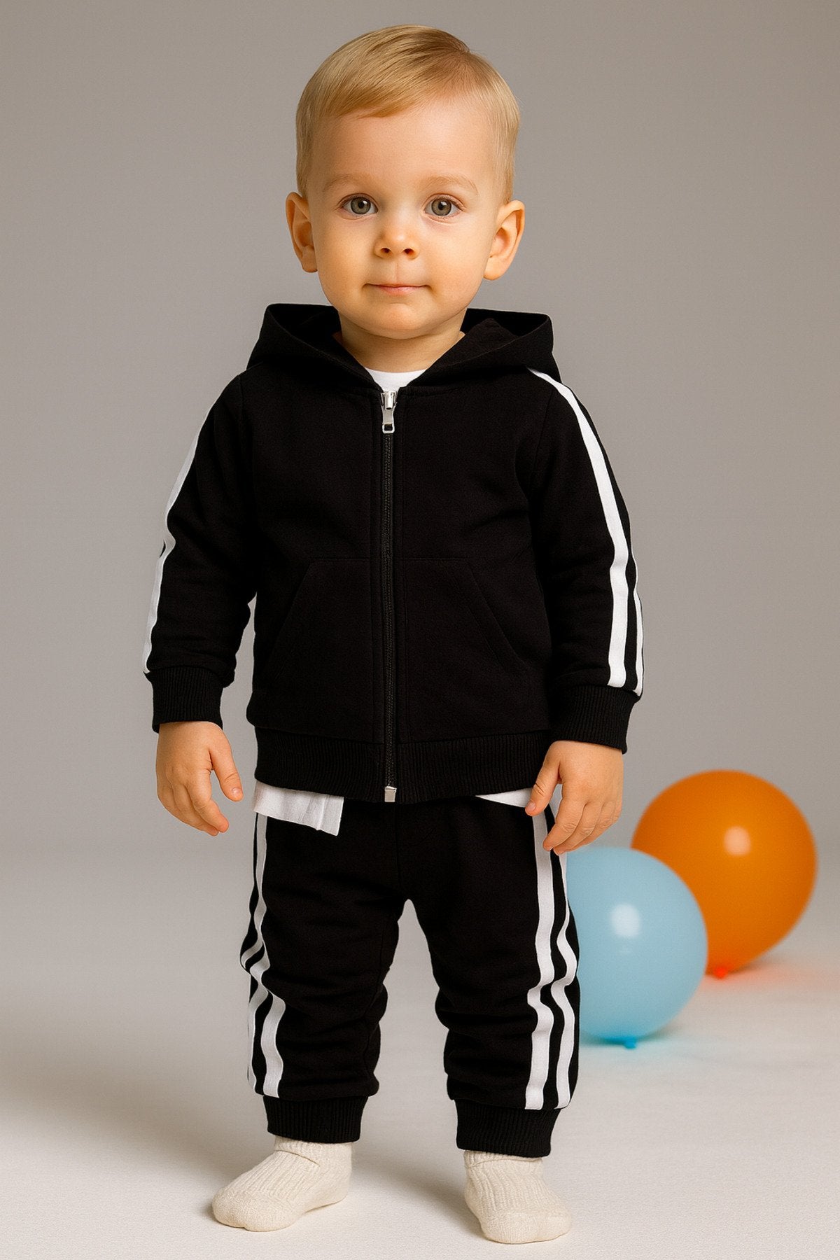 Erkek Bebek Takım Batman Desenli Uzun Kollu Pamuklu Fermuarlı Kapşonlu Bebek Takım 6-24 Ay