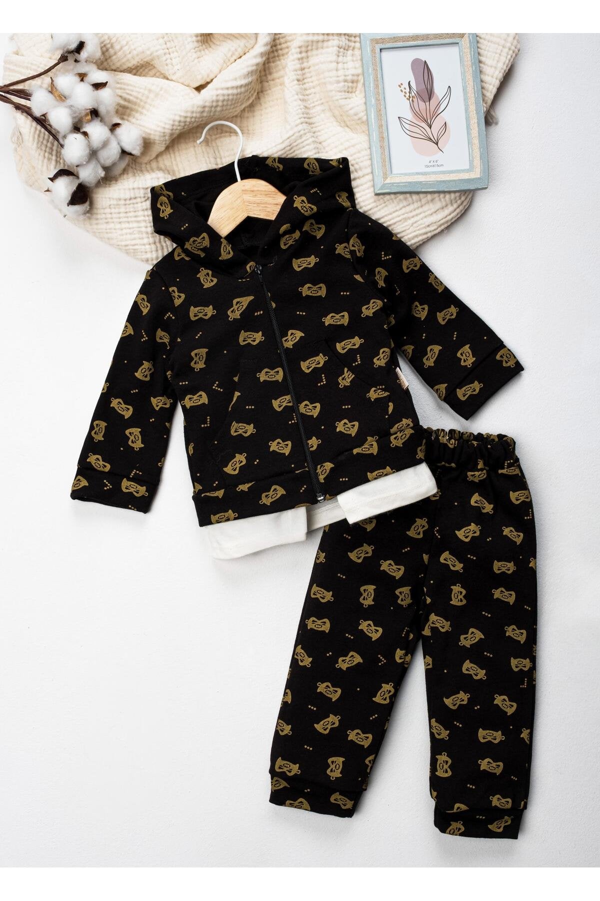 Erkek Bebek Takım Batman Desenli Uzun Kollu Pamuklu Fermuarlı Kapşonlu Bebek Takım 6-24 Ay