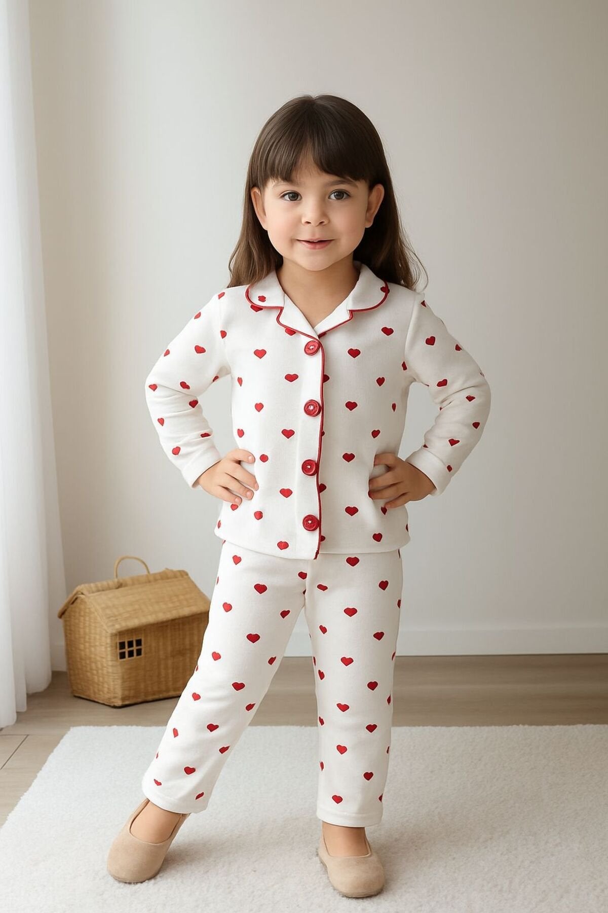 Küçük Kırmızı Kalp Desenli Organik Pamuk 2'li Alt Üst Kız Bebek Takımı