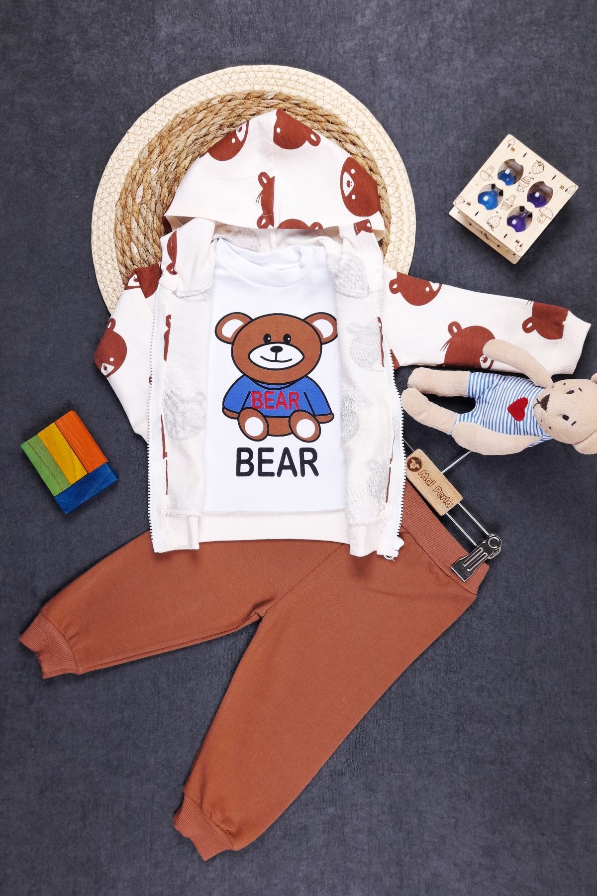 Ayıcık Baskılı Unisex 3'lü Bebek Takım