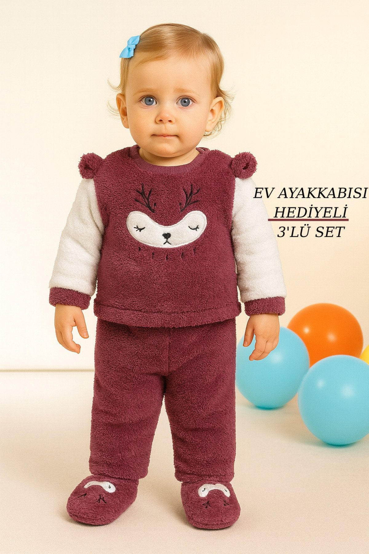 Kız Welsoft 3 Parça Geyik Desenli Ev Ayakkabısı Hediyeli Bebek Takım