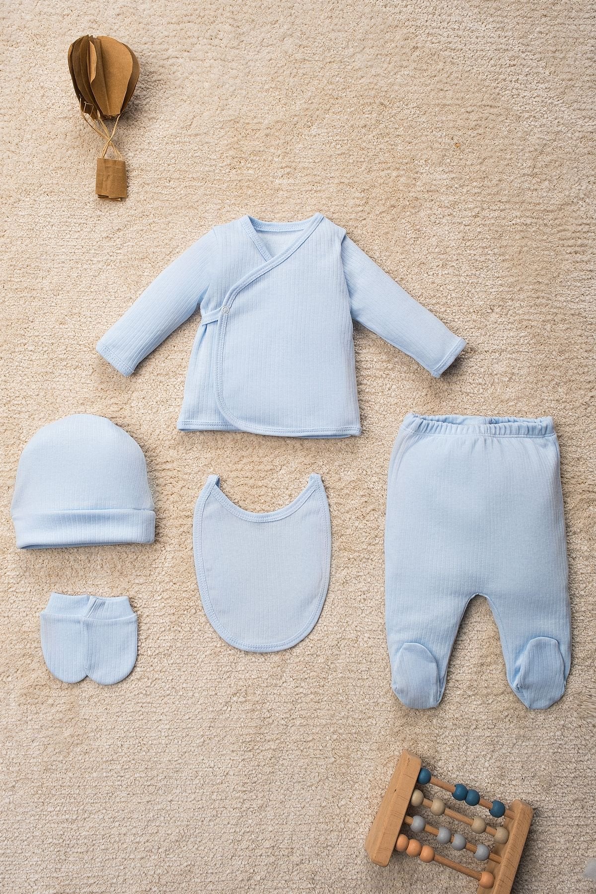 Düz Renk Organik Pamuk Kutulu 5 Parça Hastane Çıkış Seti