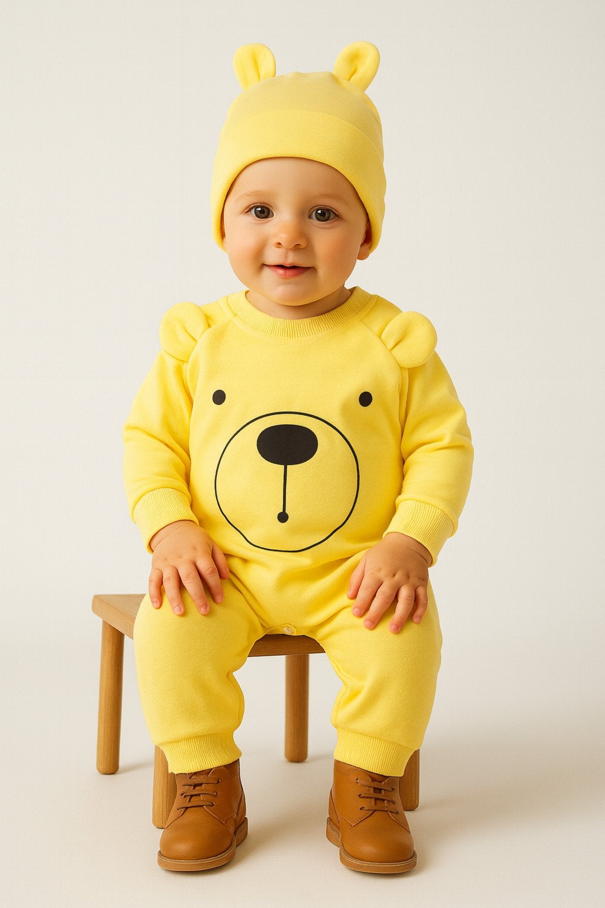 Gülen Yüz Desenli Şapkalı Bebek Tulum