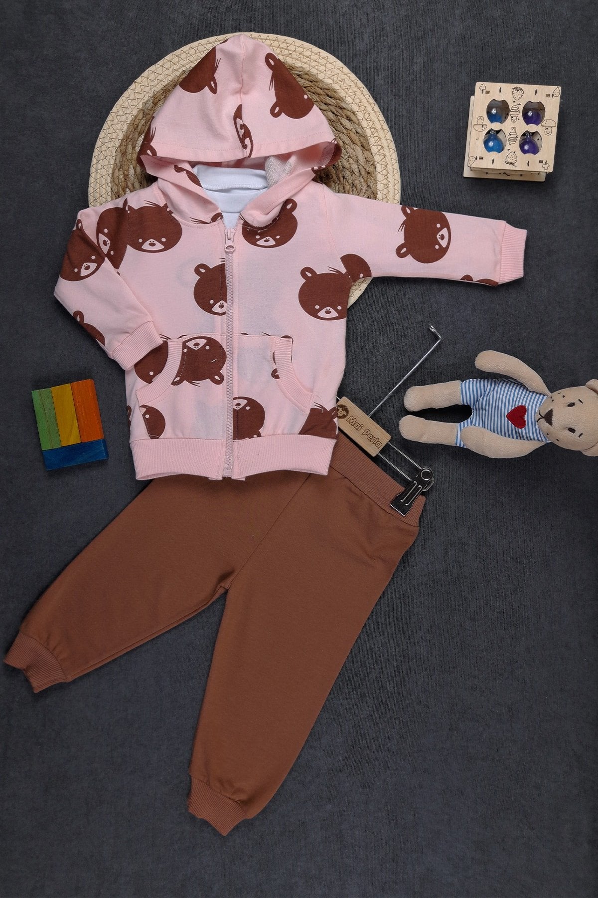 Ayıcık Baskılı Unisex 3'lü Bebek Takım