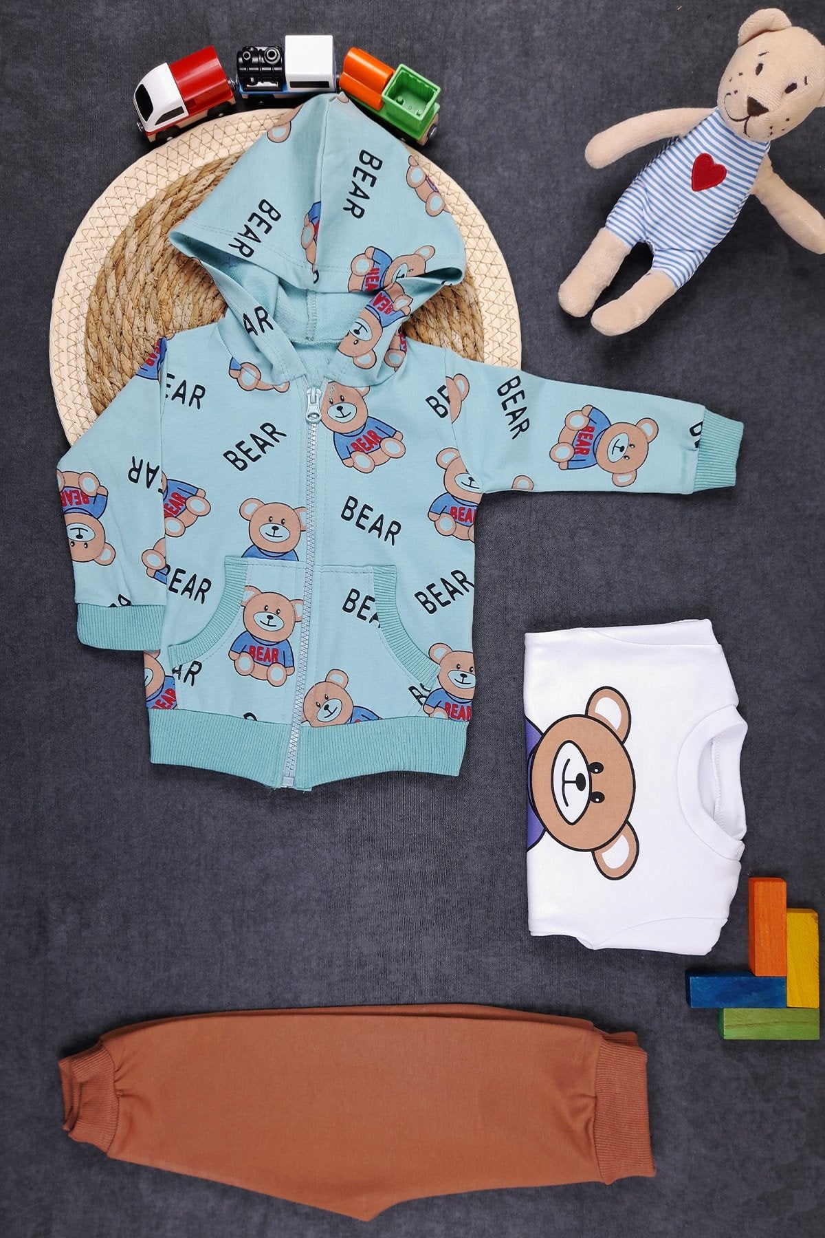 Bear Baskılı Bebek Takım 3'lü