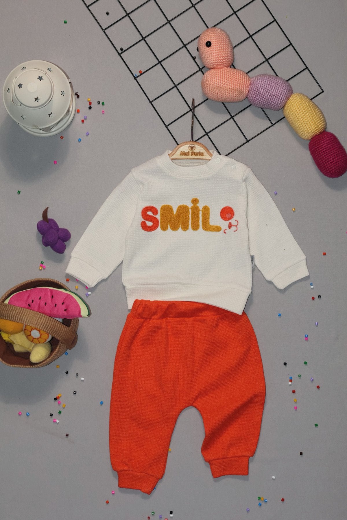 Smile Nakışlı Organik Waffle Kumaş 2'li Bebek Takım
