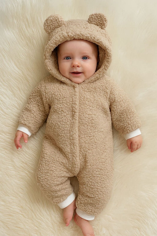 Kışlık Unisex Ayıcık Kulaklı Peluş Bebek Tulum (3-12 Ay)