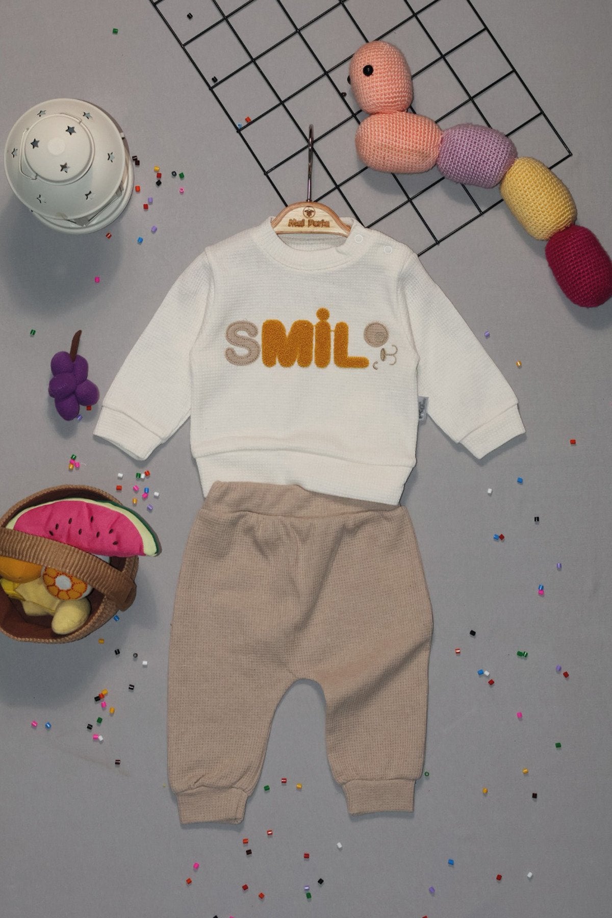 Smile Nakışlı Organik Waffle Kumaş 2'li Bebek Takım