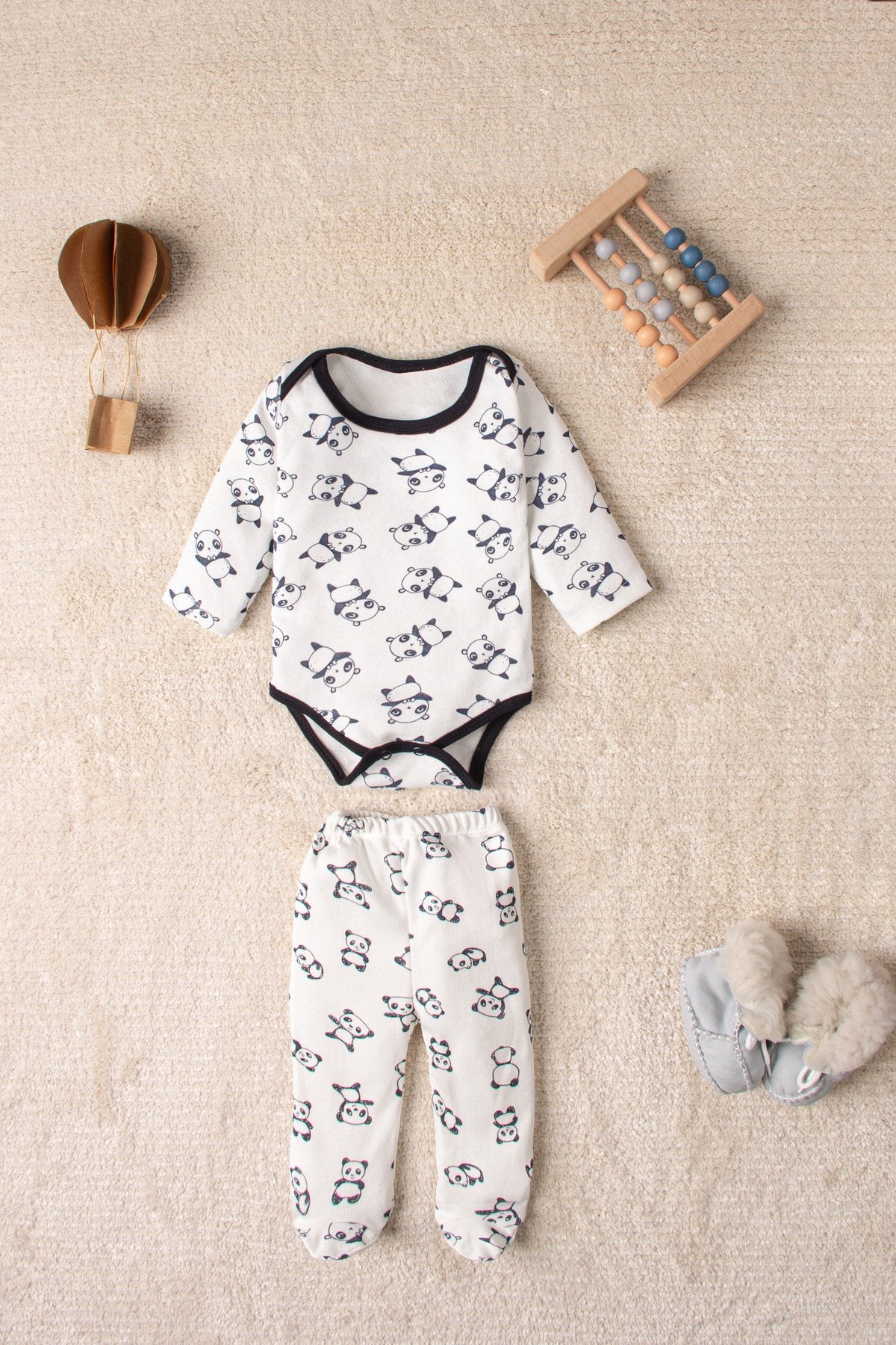 Erkek Renkli Panda Desenli 3 Set 6 Parça Çıtçıtlı Bebek Takım