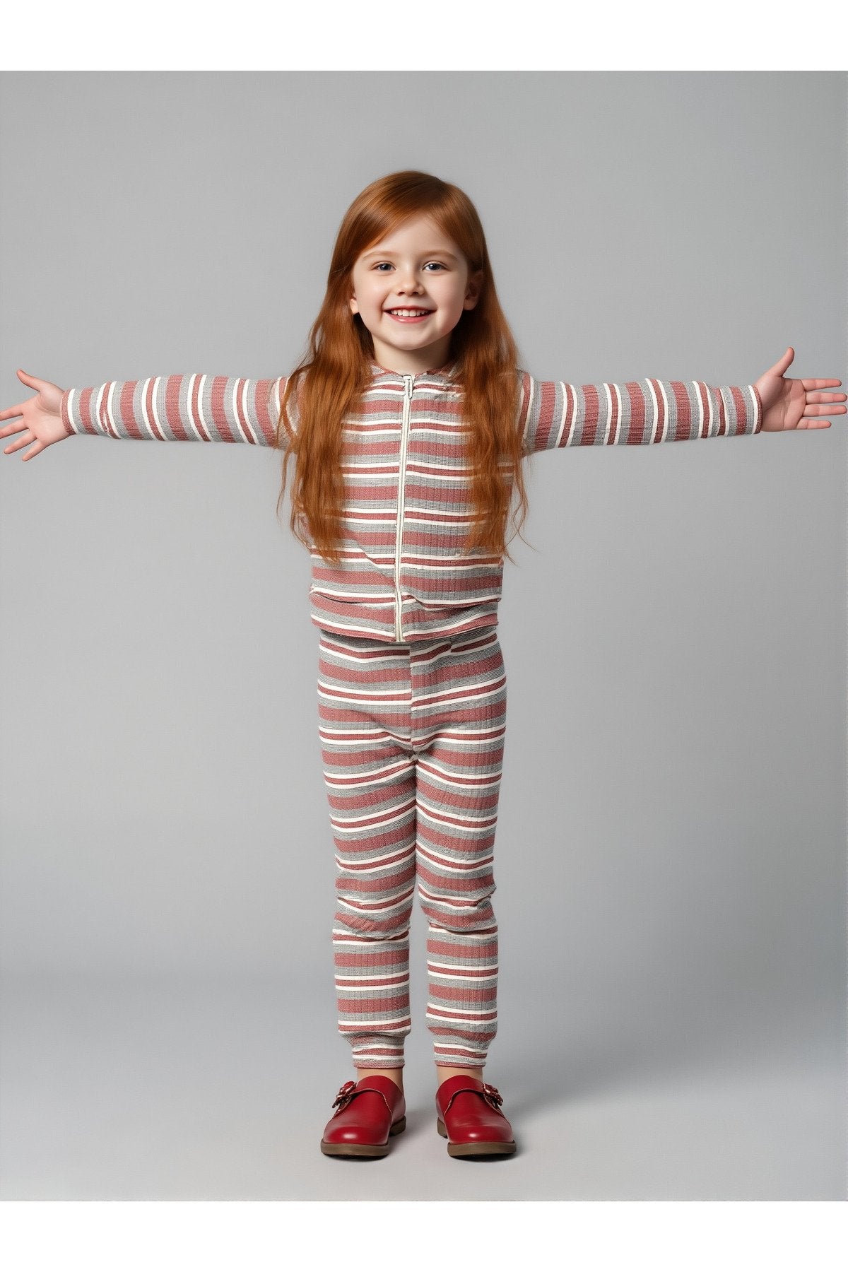 Unisex Çocuk Takımı Organik Pamuklu Şardonlu Kışlık Hırkalı Çizgili İkili Takım (1-5 Yaş)