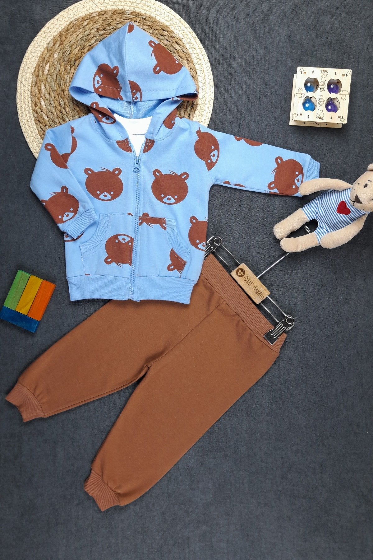 Ayıcık Baskılı Unisex 3'lü Bebek Takım