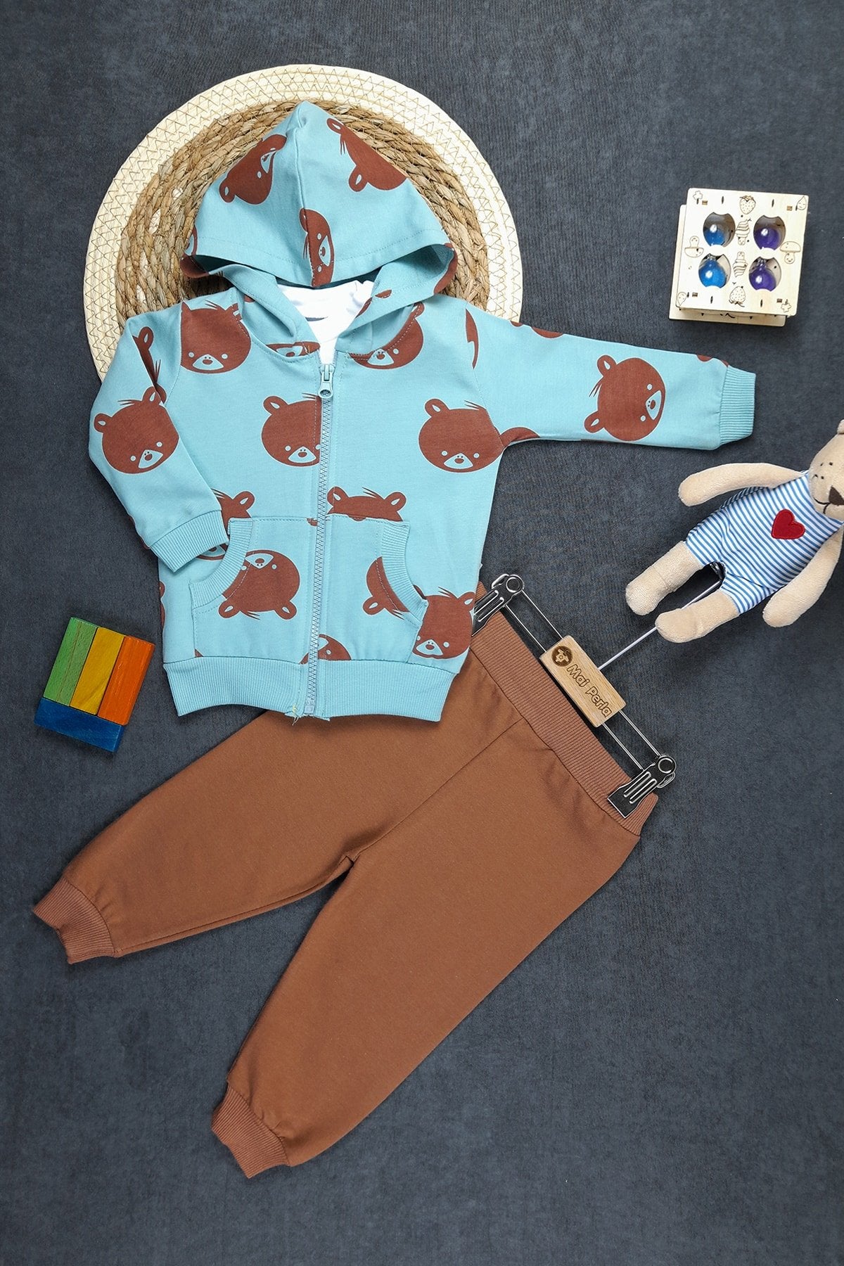 Ayıcık Baskılı Unisex 3'lü Bebek Takım