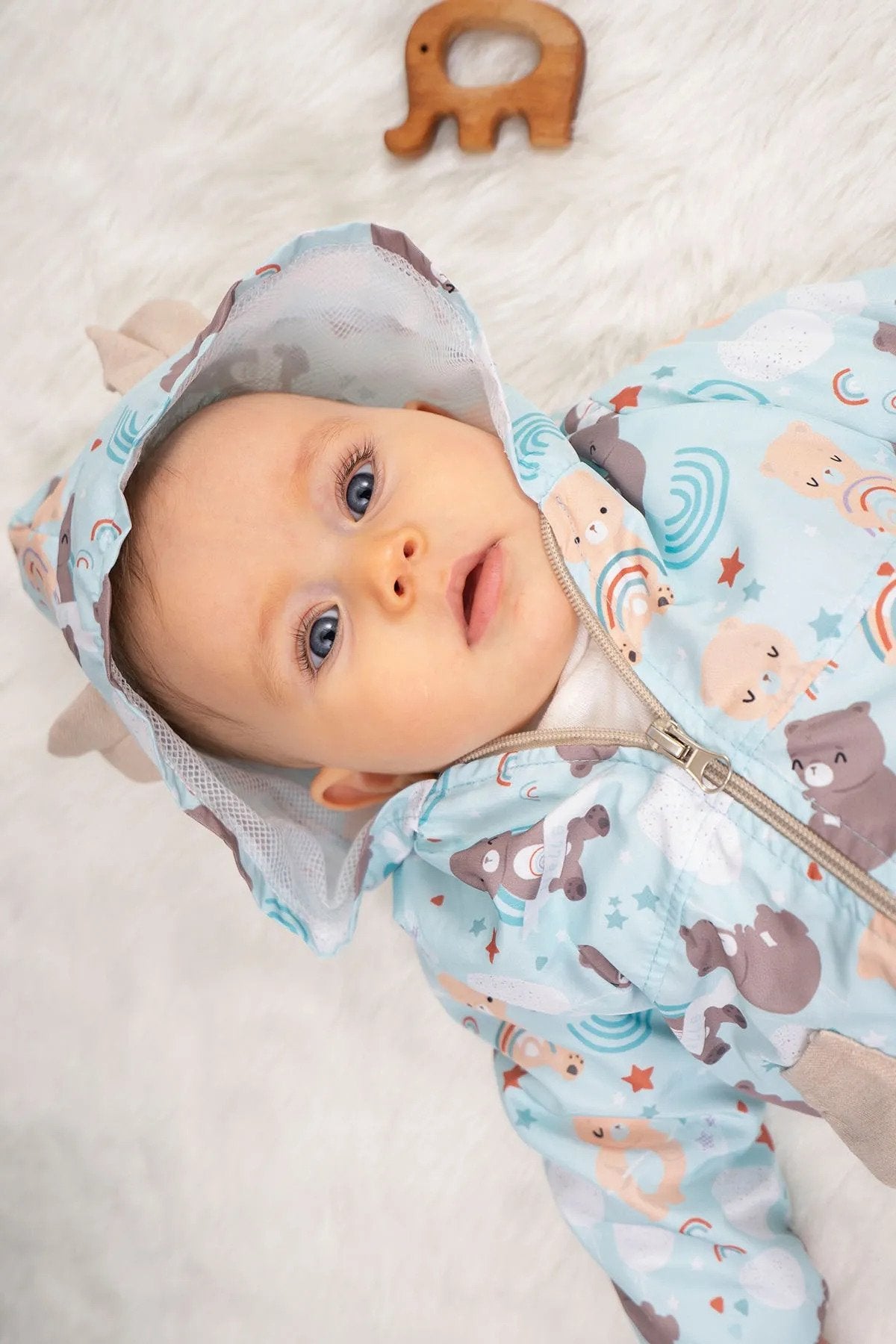 Unisex Ayıcık Desenli Astarlı 3 Parça Yağmurluk Bebek Takımı