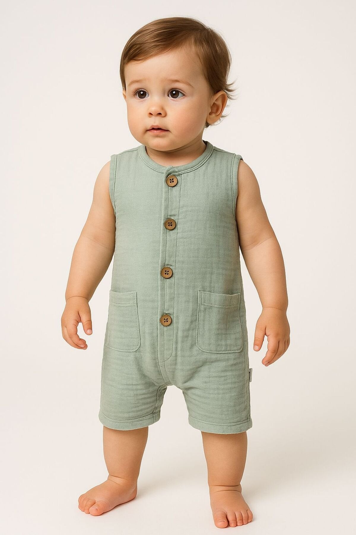 Organik Müslin Yazlık Naturel Cepli Bebek Tulum