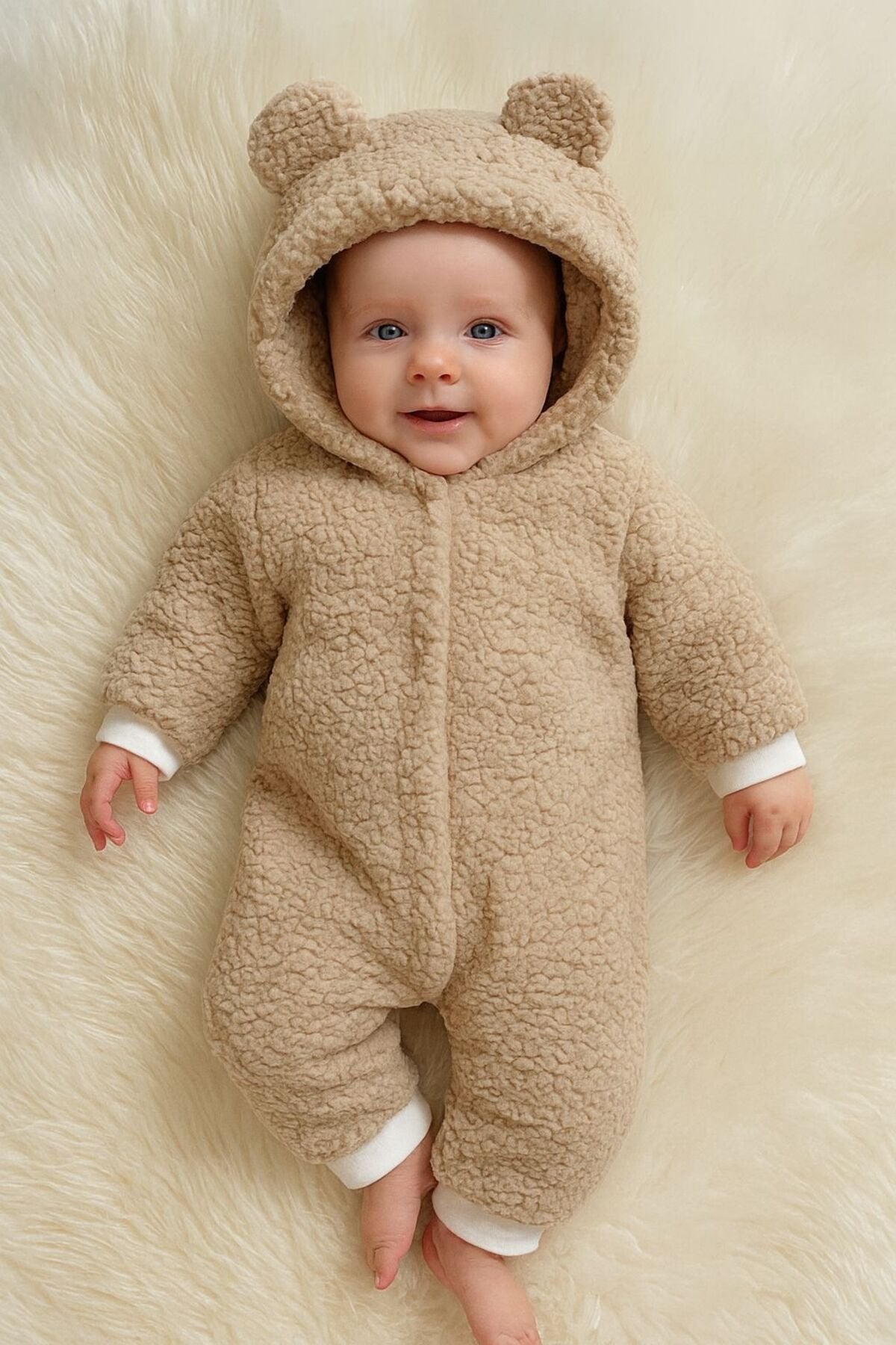 Kışlık Unisex Ayıcık Kulaklı Peluş Bebek Tulum (3-12 Ay)
