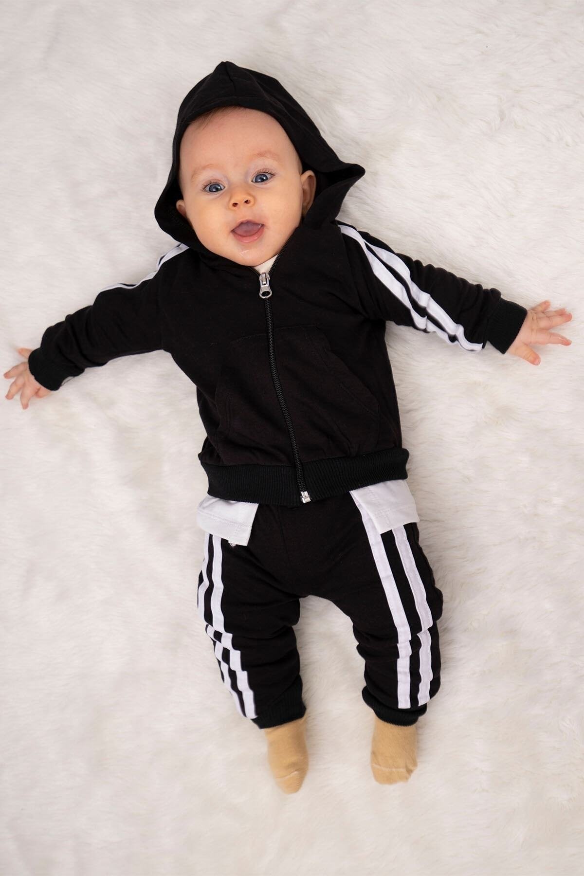 Erkek Bebek Takım Batman Desenli Uzun Kollu Pamuklu Fermuarlı Kapşonlu Bebek Takım 6-24 Ay