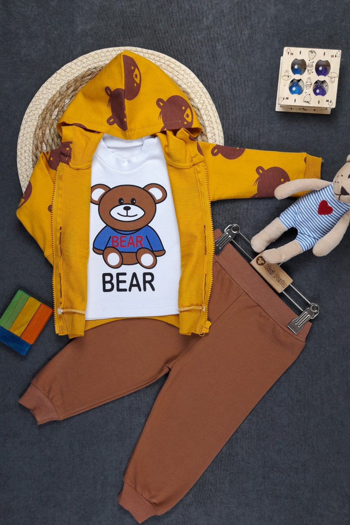 Ayıcık Baskılı Unisex 3'lü Bebek Takım