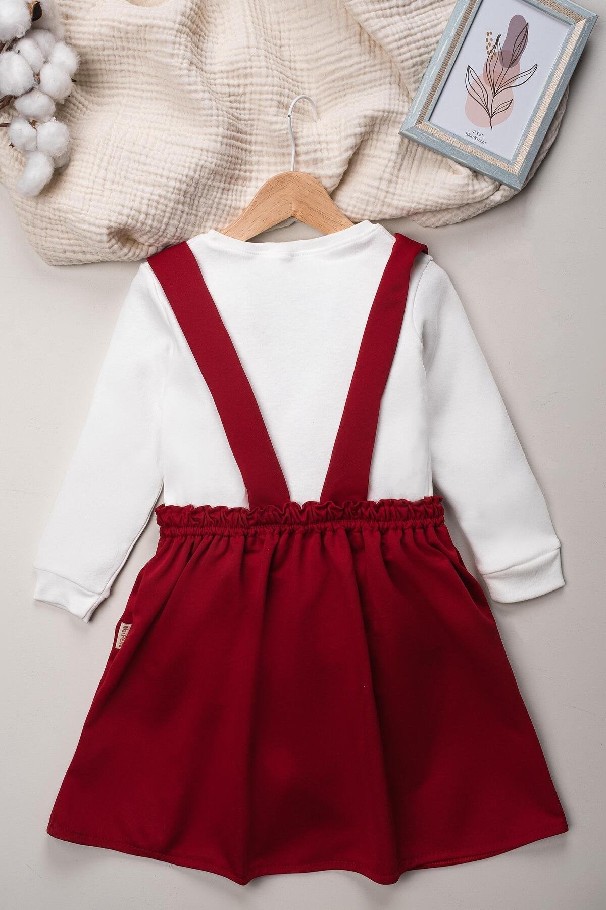 Kız Çocuk Takımı 2 Parça Salopet Elbise Pamuklu Kumaş Uzun Kollu Fiyonklu Etekli Takım 1-5 Yaş