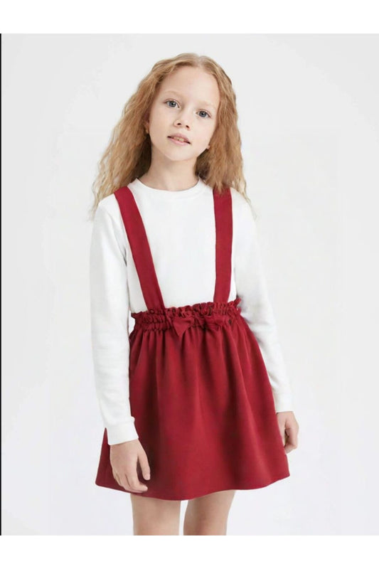 Kız Çocuk Takımı 2 Parça Salopet Elbise Pamuklu Kumaş Uzun Kollu Fiyonklu Etekli Takım 1-5 Yaş
