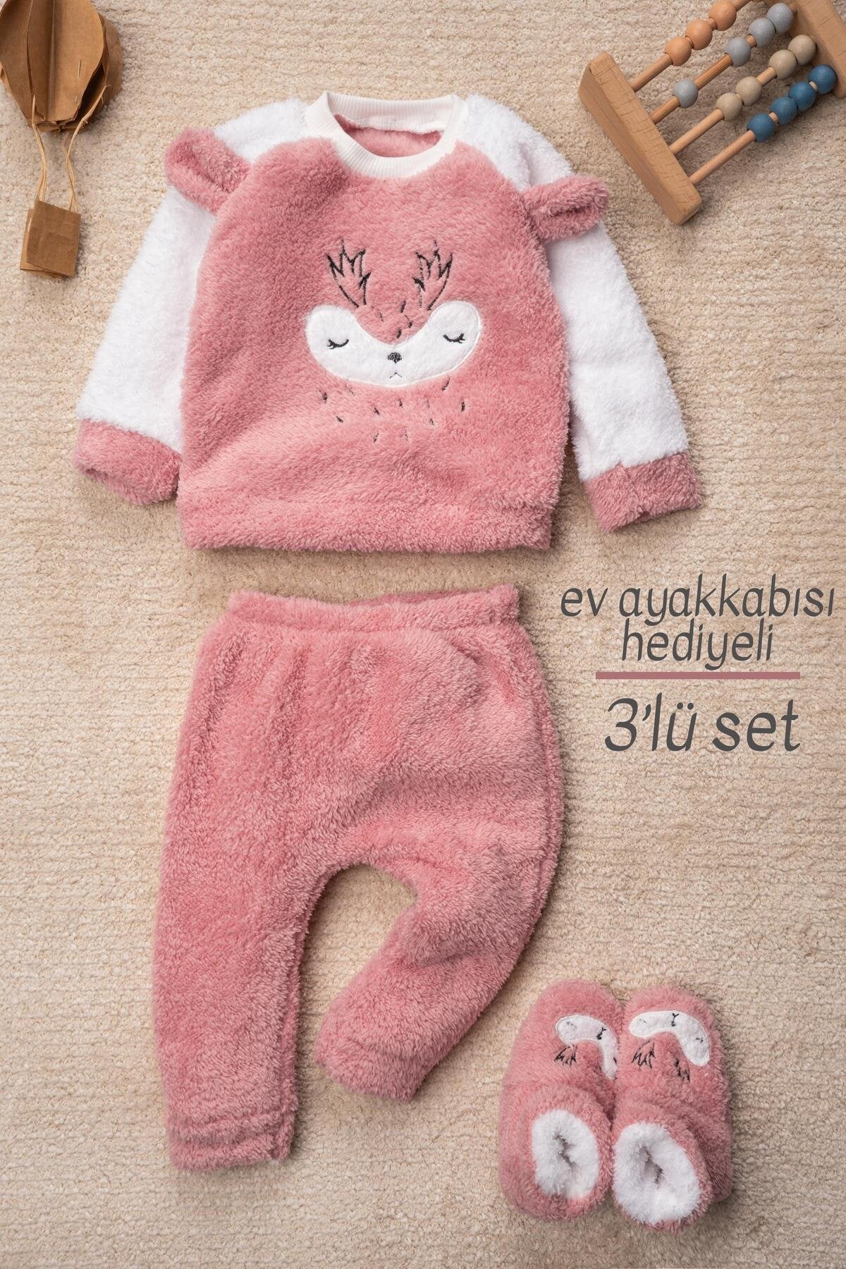 Kız Welsoft 3 Parça Geyik Desenli Ev Ayakkabısı Hediyeli Bebek Takım