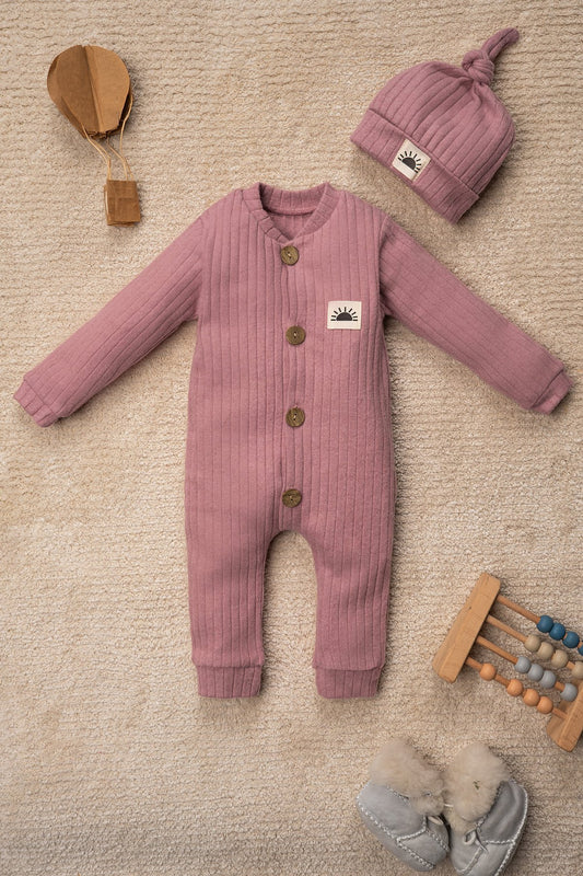 Güneş Armalı Bereli Düz Renk Tulum Bebek Takımı