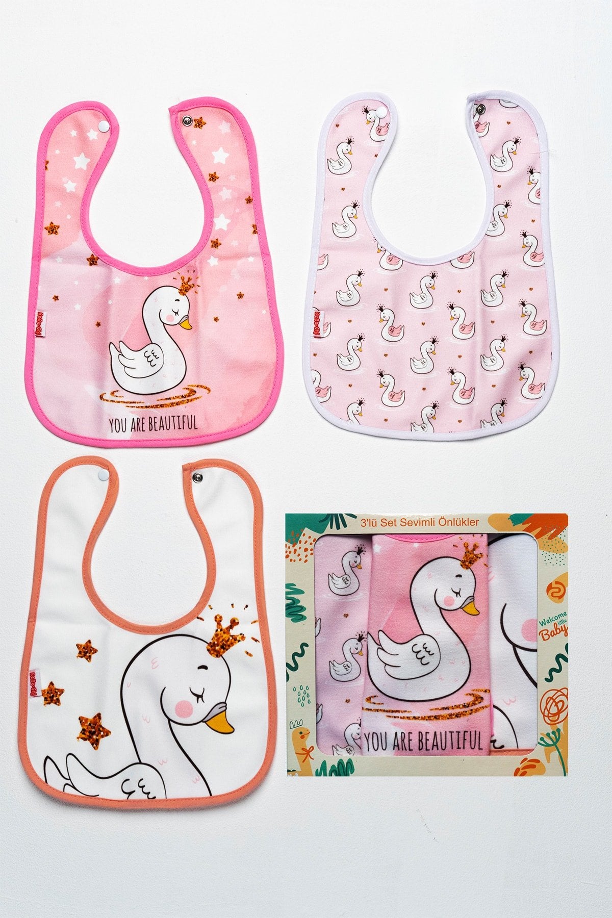 Kuğu Temalı Kare 3 Parça Microfiber Mama Önlüğü Kendi Kutusunda Su Geçirmez Çıtçıtlı