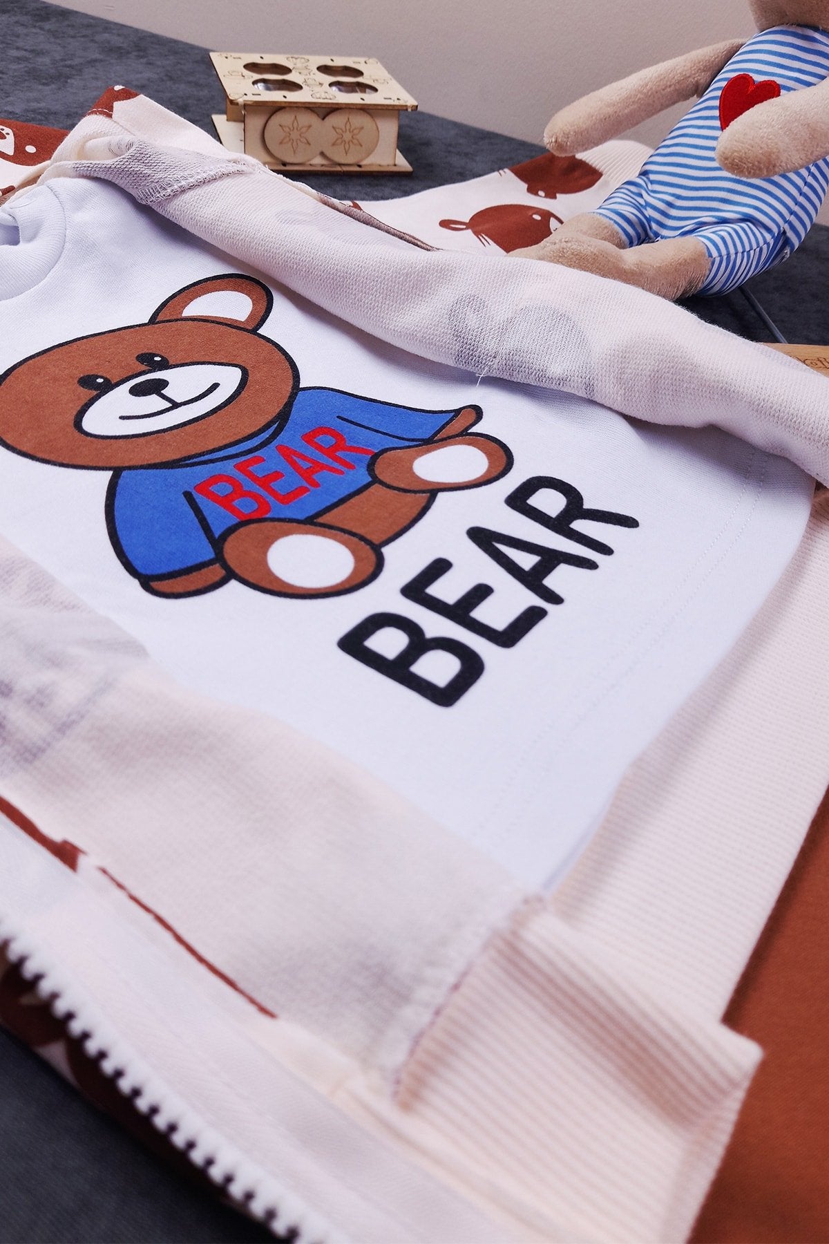 Ayıcık Baskılı Unisex 3'lü Bebek Takım