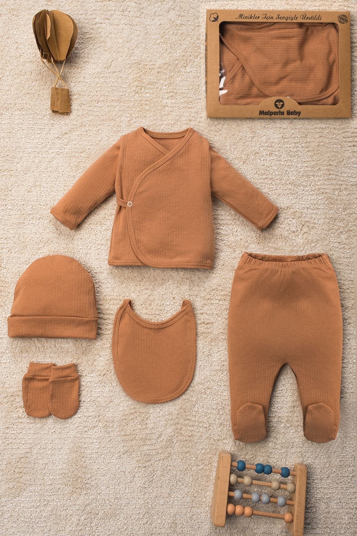 Düz Renk Organik Pamuk Kutulu 5 Parça Hastane Çıkış Seti