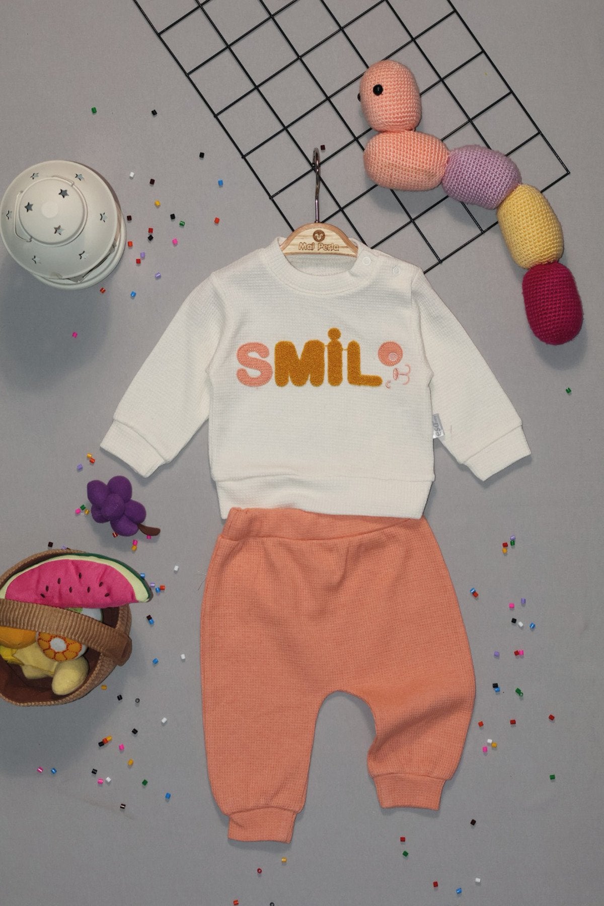 Smile Nakışlı Organik Waffle Kumaş 2'li Bebek Takım