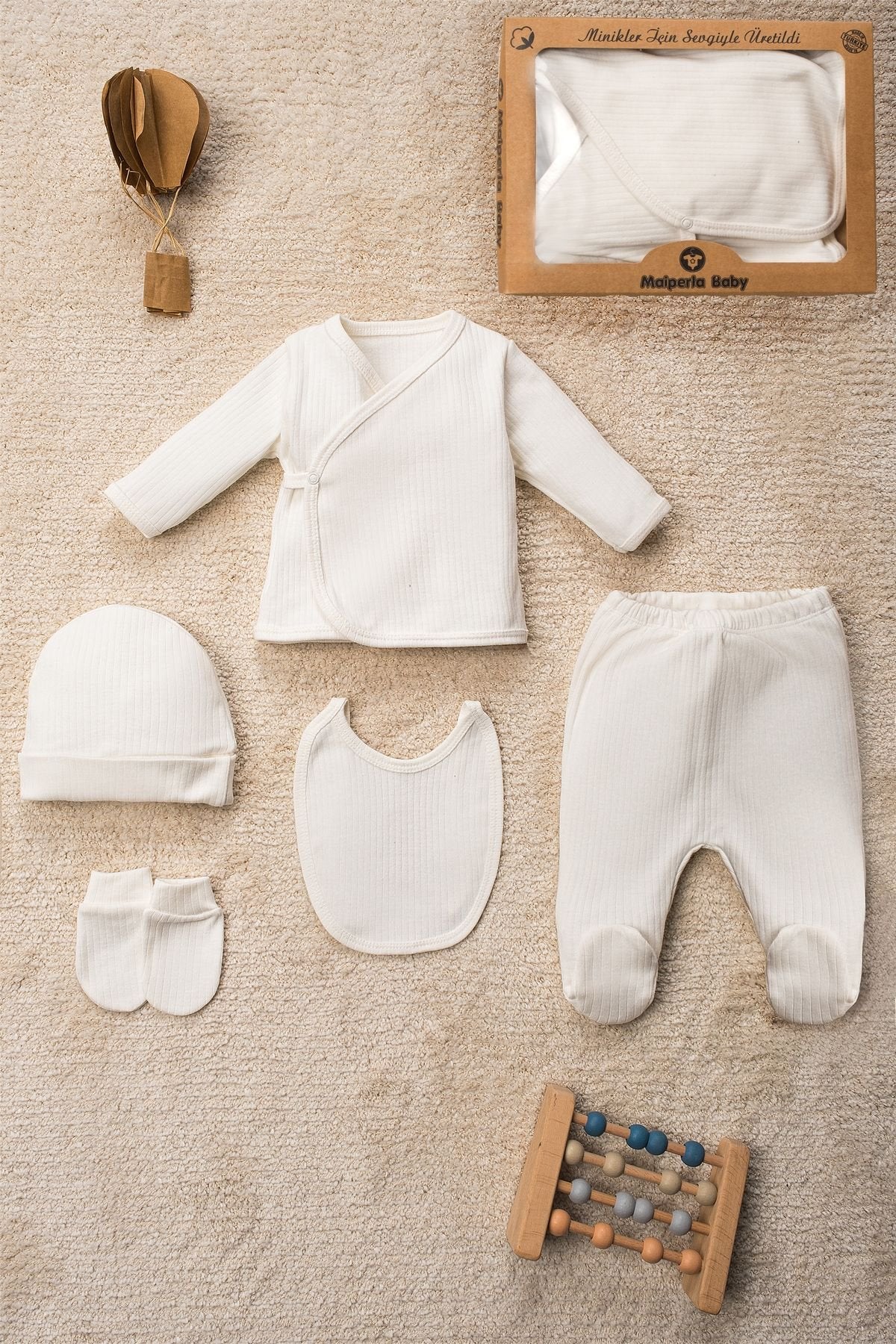 Düz Renk Organik Pamuk Kutulu 5 Parça Hastane Çıkış Seti