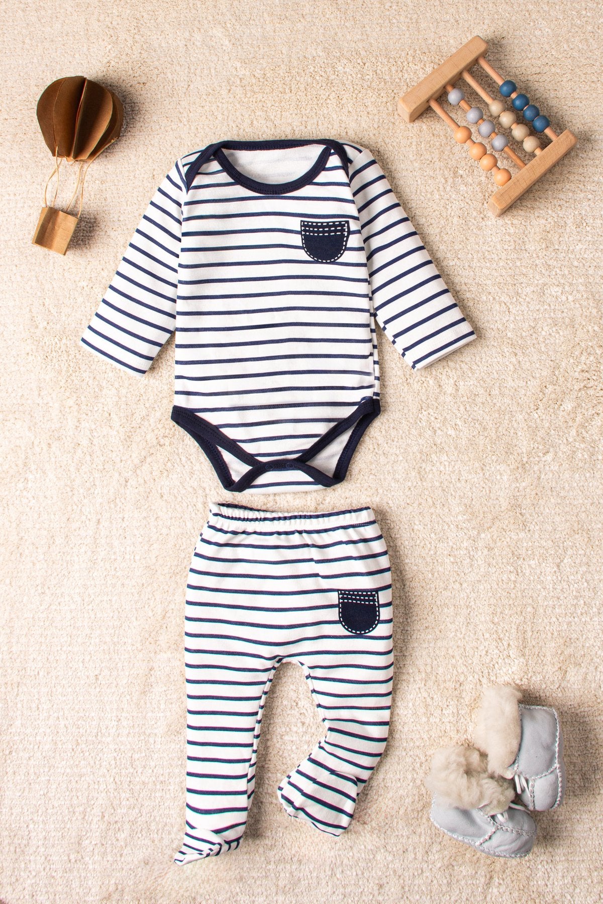 Organik Pamuklu Zıbın Body ve Patikli Alt 6 Parça 3’lü Set Bebek Takımı 0-9 Ay
