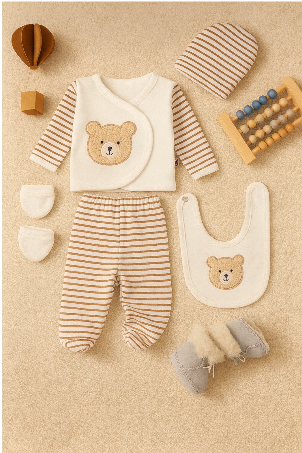 Fiyonklu Ayı Lüx Organik Yeni Doğan Hastane Çıkışı Kutulu Zıbın Seti