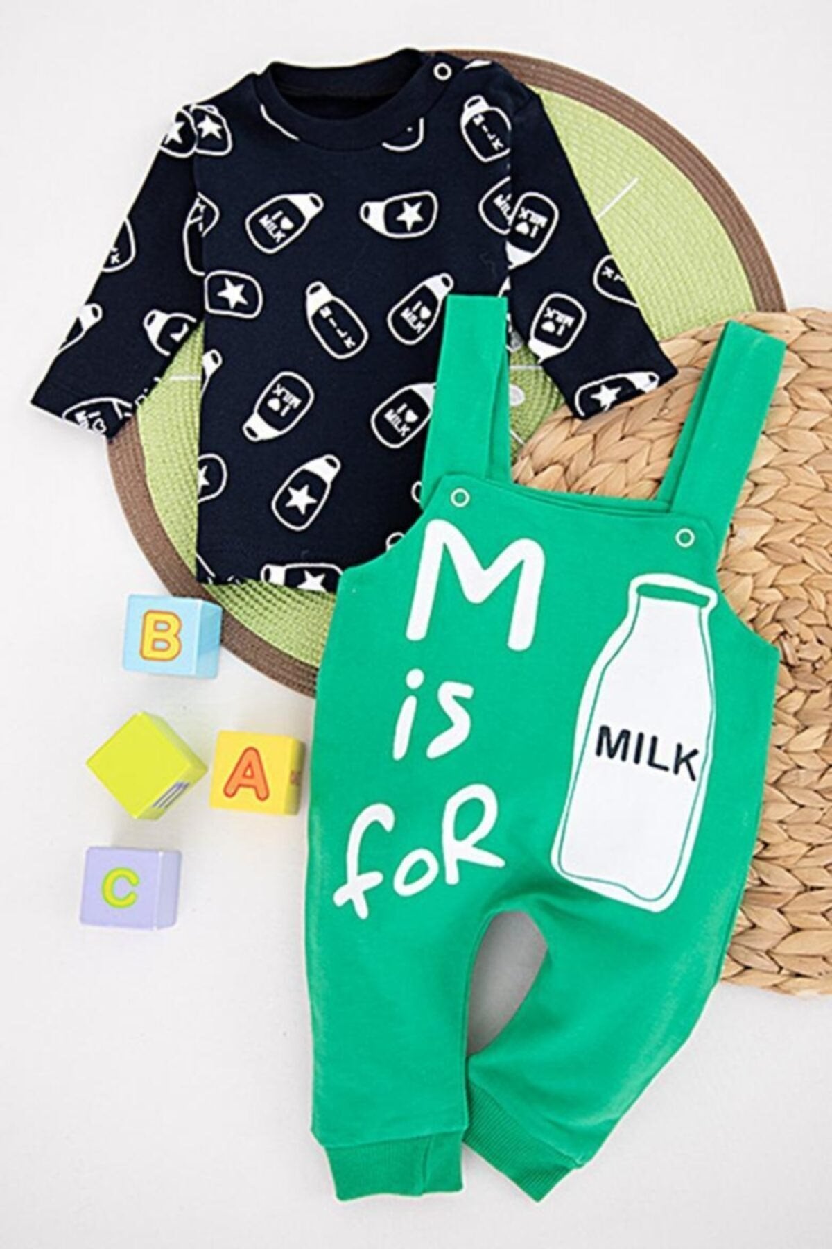 Milk Baskılı Bebek Salopet Takım