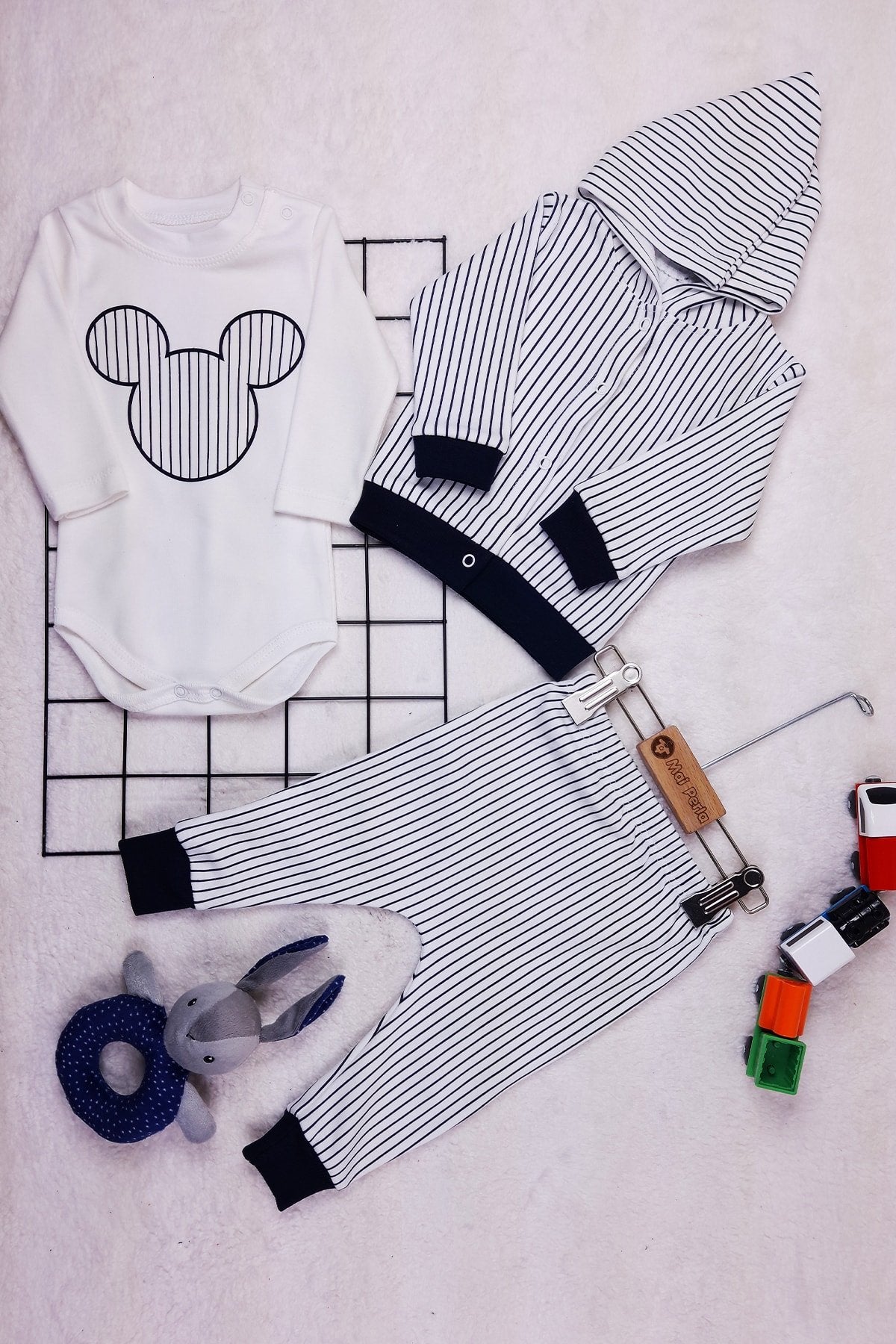 Çizgi Desenli Mickey 3'lü Unisex Bebek Takım
