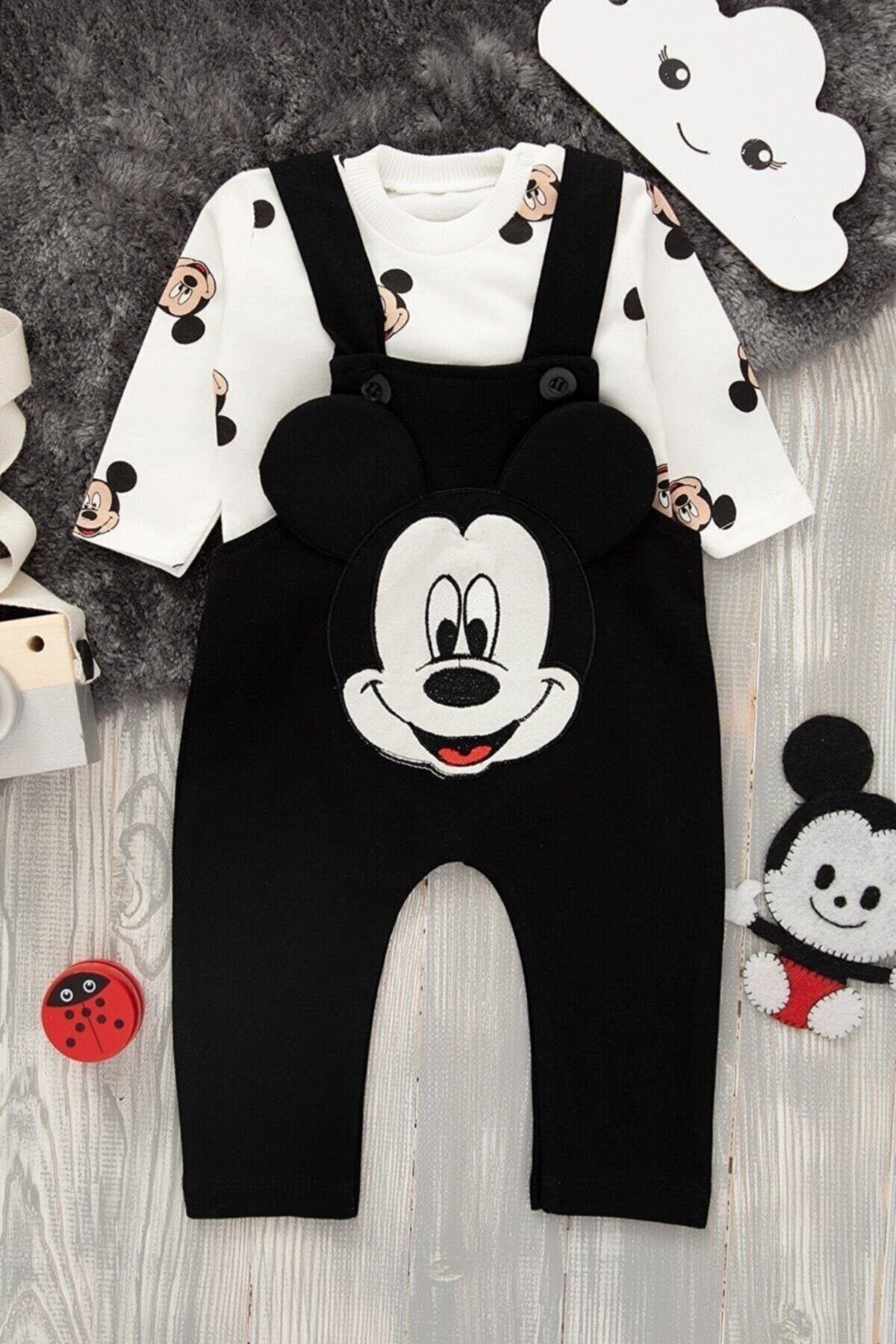 Mickey Baskılı Unisex Siyah Salopet Takım