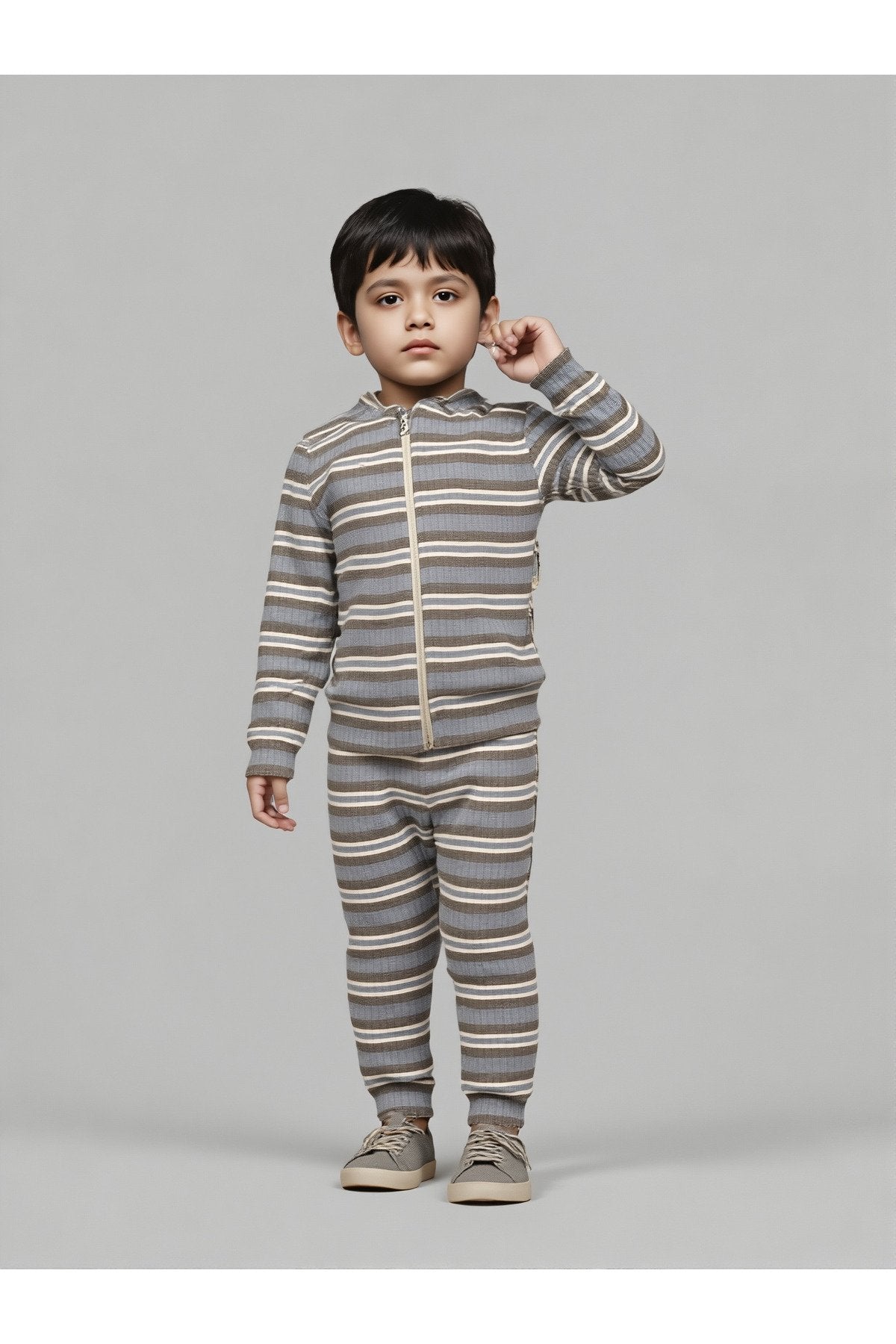 Unisex Çocuk Takımı Organik Pamuklu Şardonlu Kışlık Hırkalı Çizgili İkili Takım (1-5 Yaş)