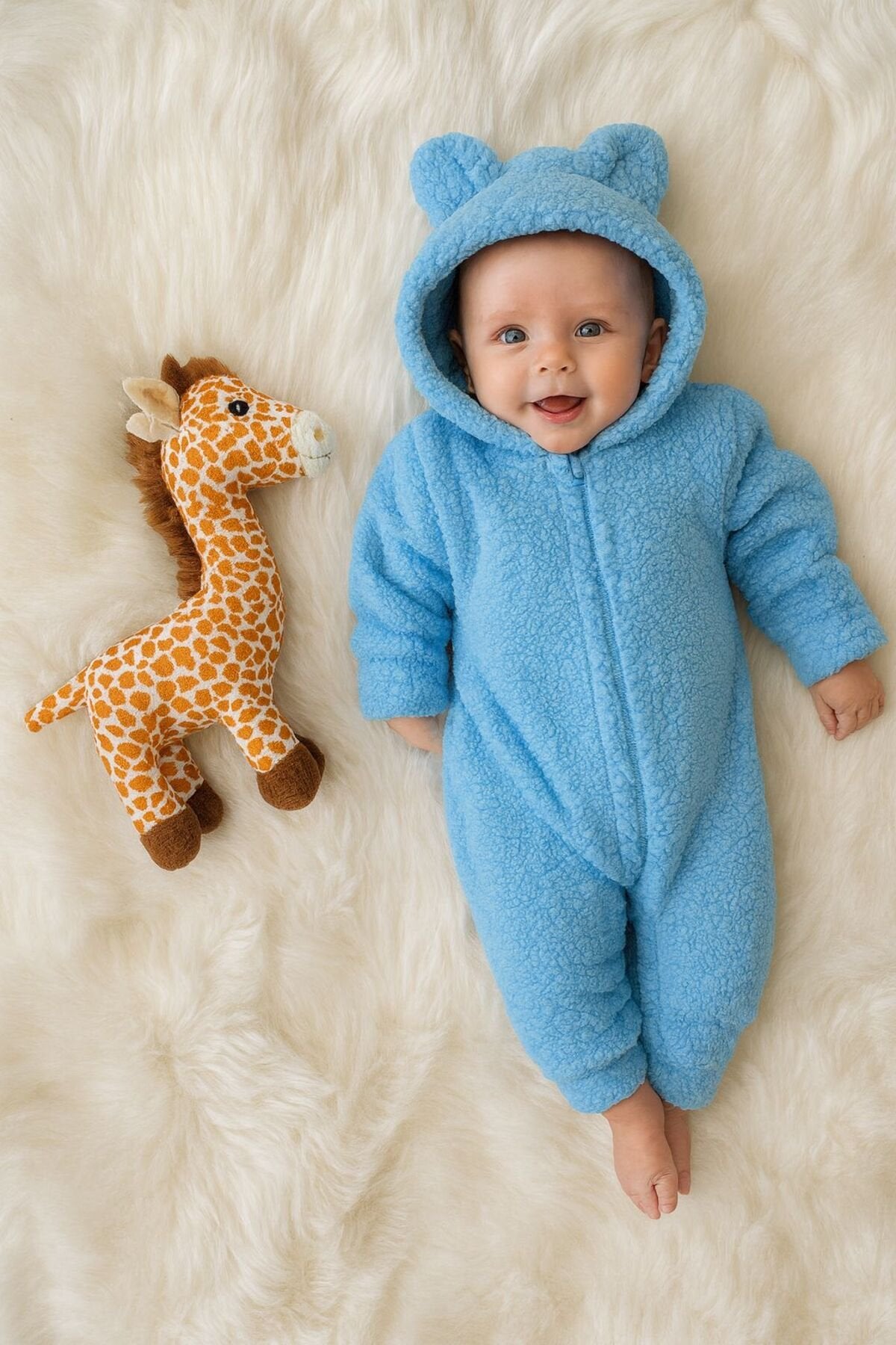 Kışlık Unisex Ayıcık Kulaklı Peluş Bebek Tulum (3-12 Ay)