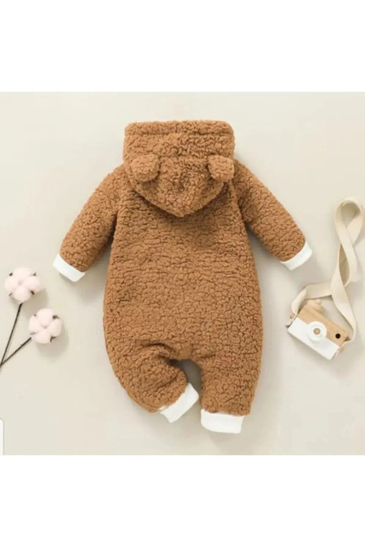 Kışlık Unisex Ayıcık Kulaklı Peluş Bebek Tulum (3-12 Ay)