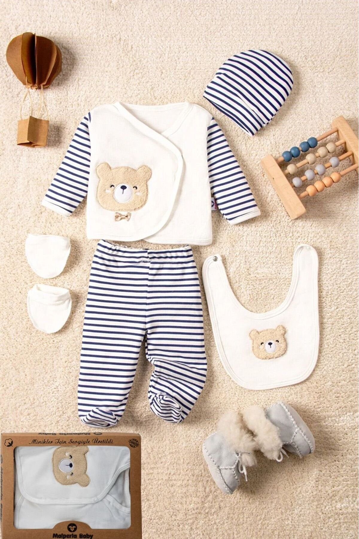 Fiyonklu Ayı Lüx Organik Yeni Doğan Hastane Çıkışı Kutulu Zıbın Seti