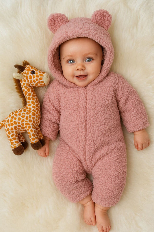 Kışlık Unisex Ayıcık Kulaklı Peluş Bebek Tulum (3-12 Ay)