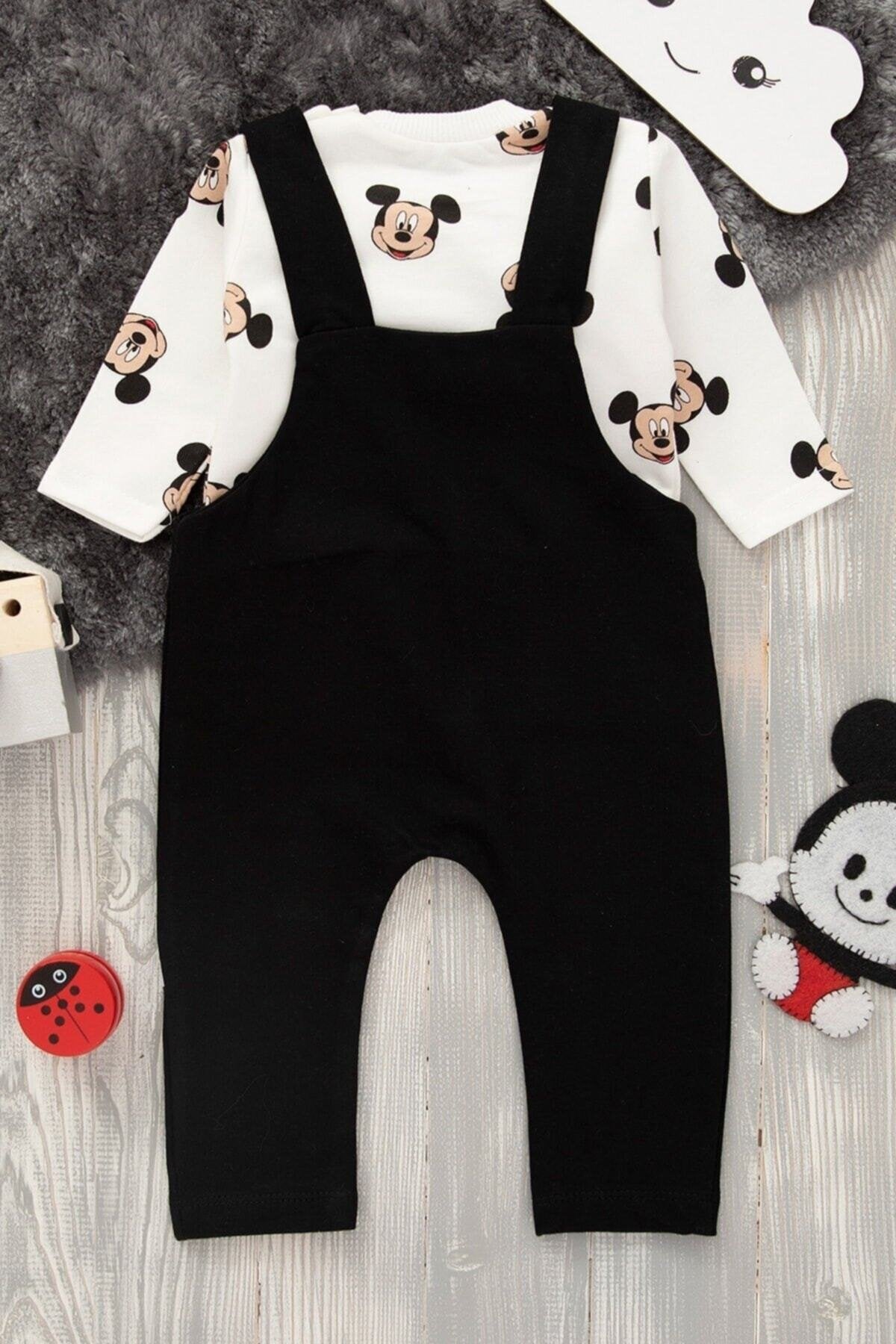Mickey Baskılı Unisex Siyah Salopet Takım