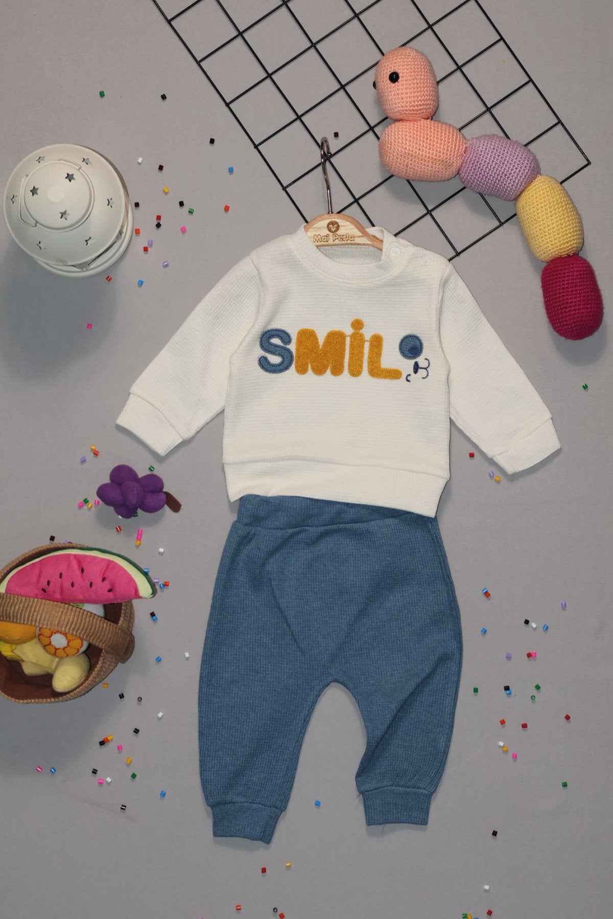Smile Nakışlı Organik Waffle Kumaş 2'li Bebek Takım