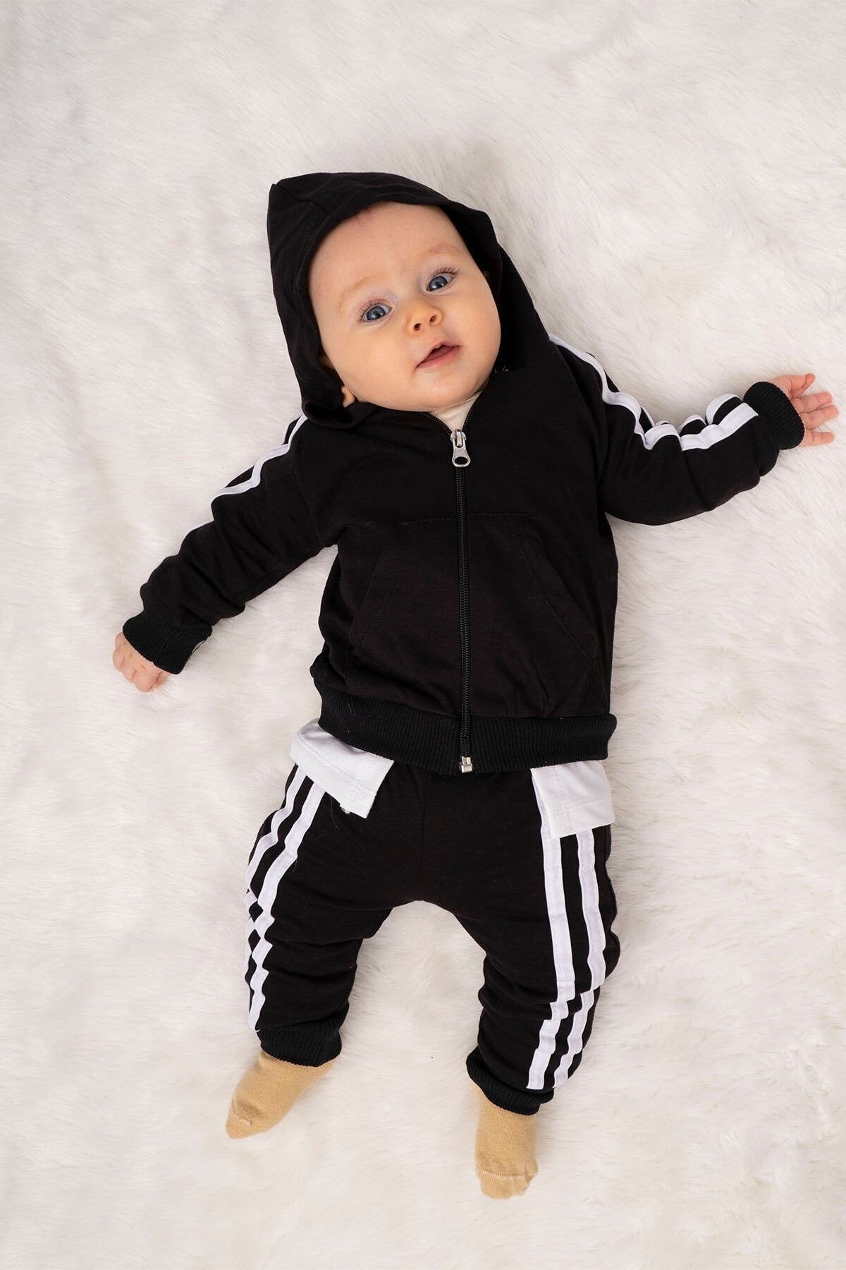 Erkek Bebek Takım Batman Desenli Uzun Kollu Pamuklu Fermuarlı Kapşonlu Bebek Takım 6-24 Ay