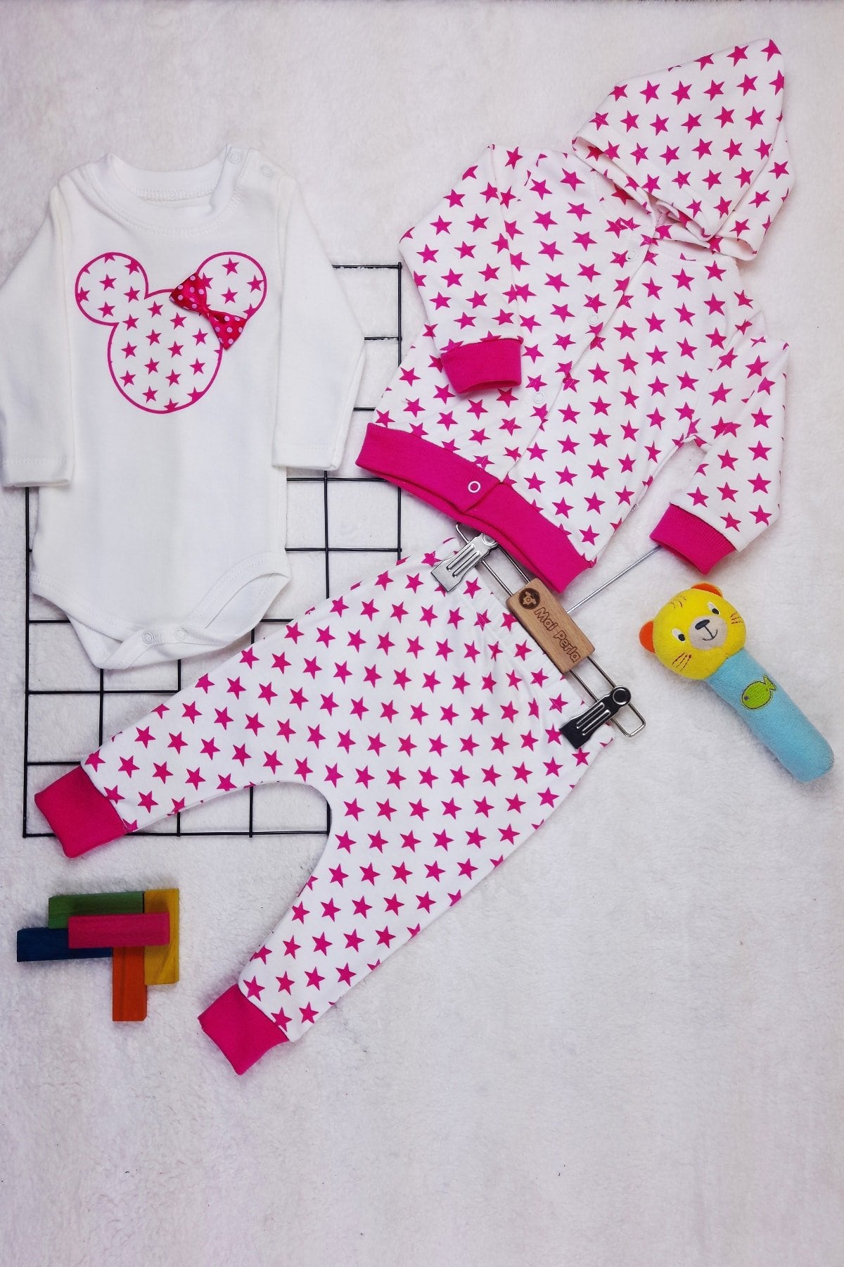 Çizgi Desenli Mickey 3'lü Unisex Bebek Takım