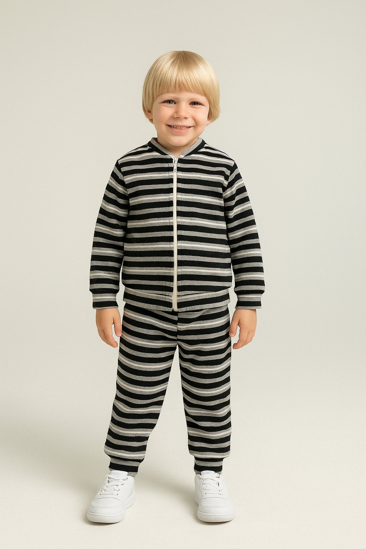 Unisex Çocuk Takımı Organik Pamuklu Şardonlu Kışlık Hırkalı Çizgili İkili Takım (1-5 Yaş)